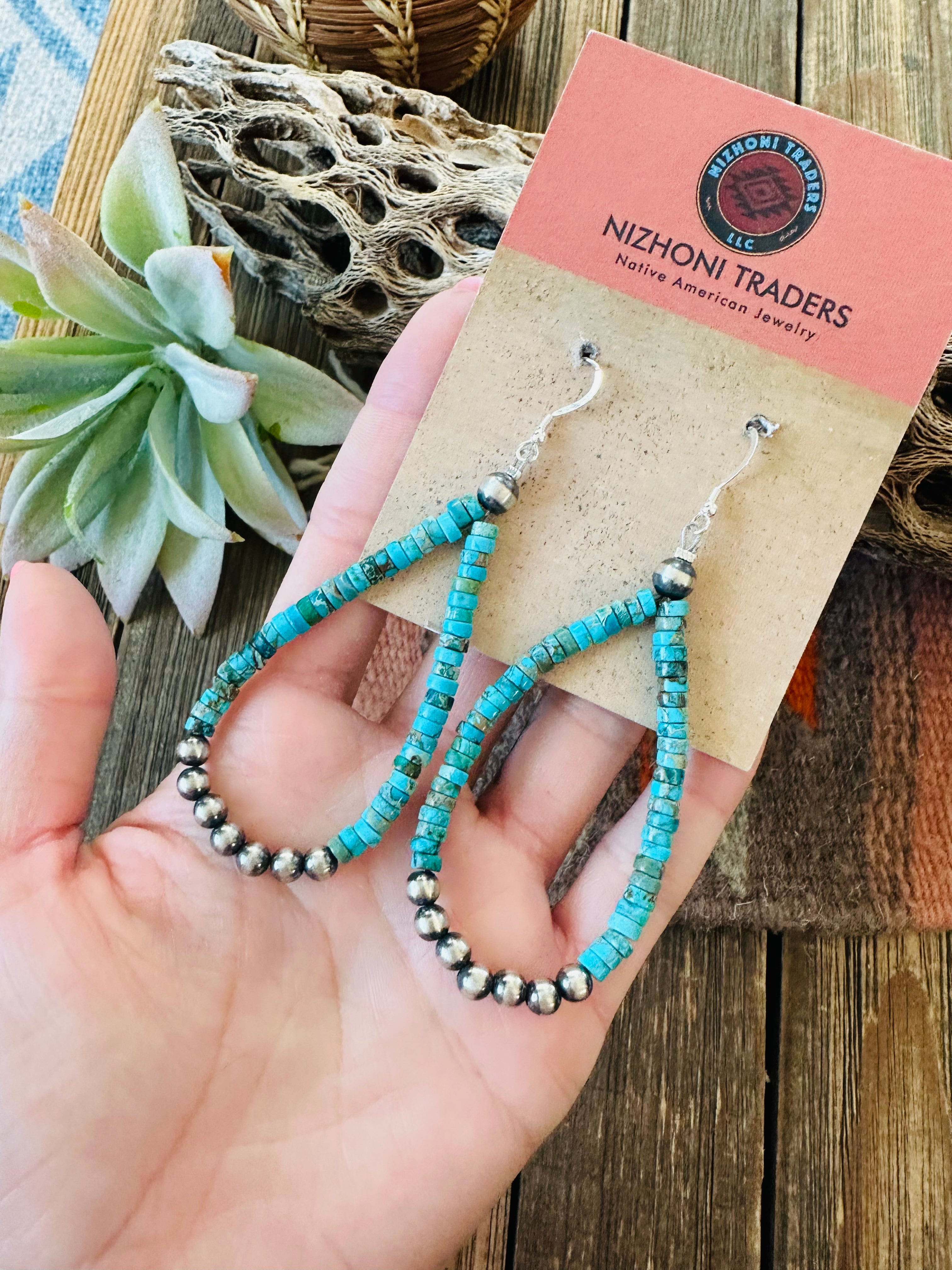 Navajo Turquoise & Sterling Silver Pearl Beaded Hoop Earrings