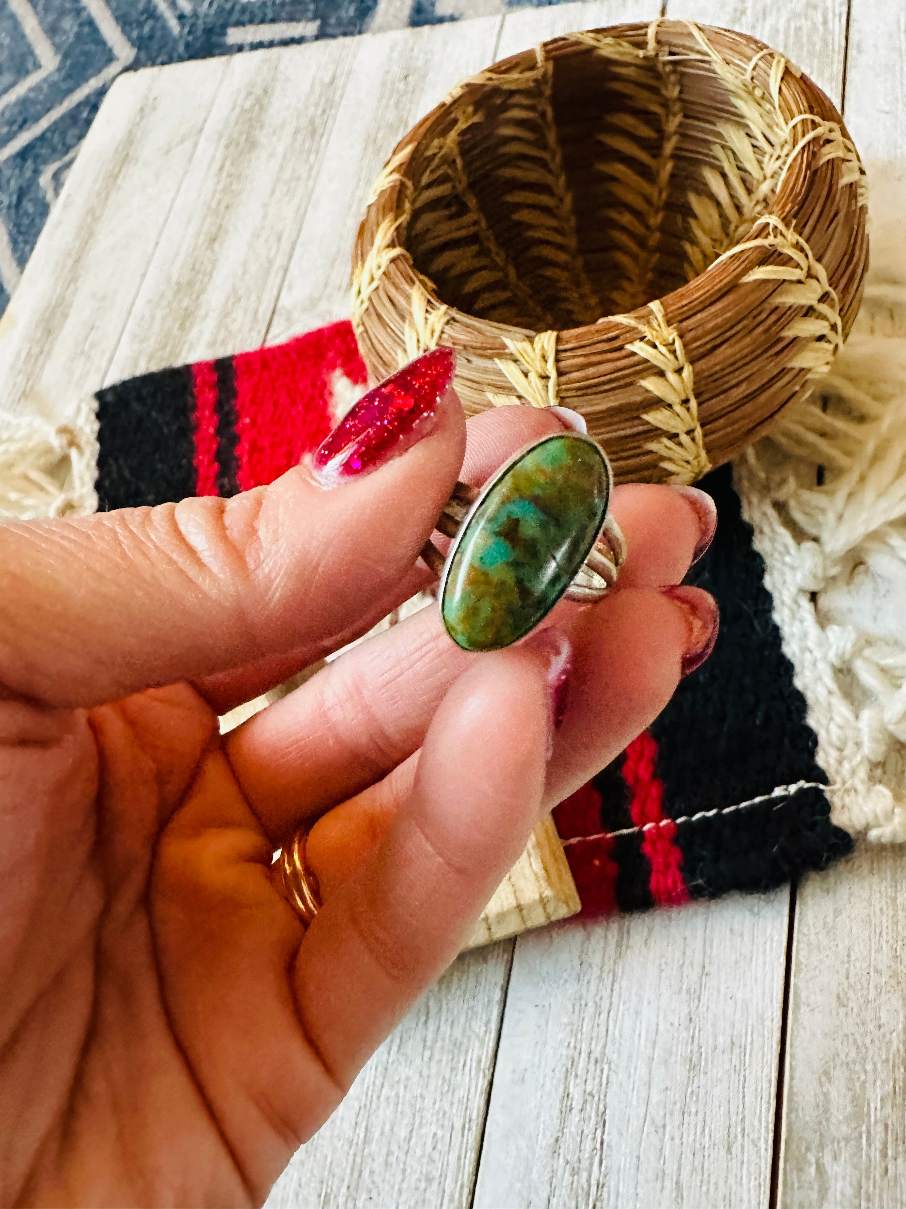 Old Pawn Vintage Navajo Sterling Silver & Turquoise Ring Size 9.5