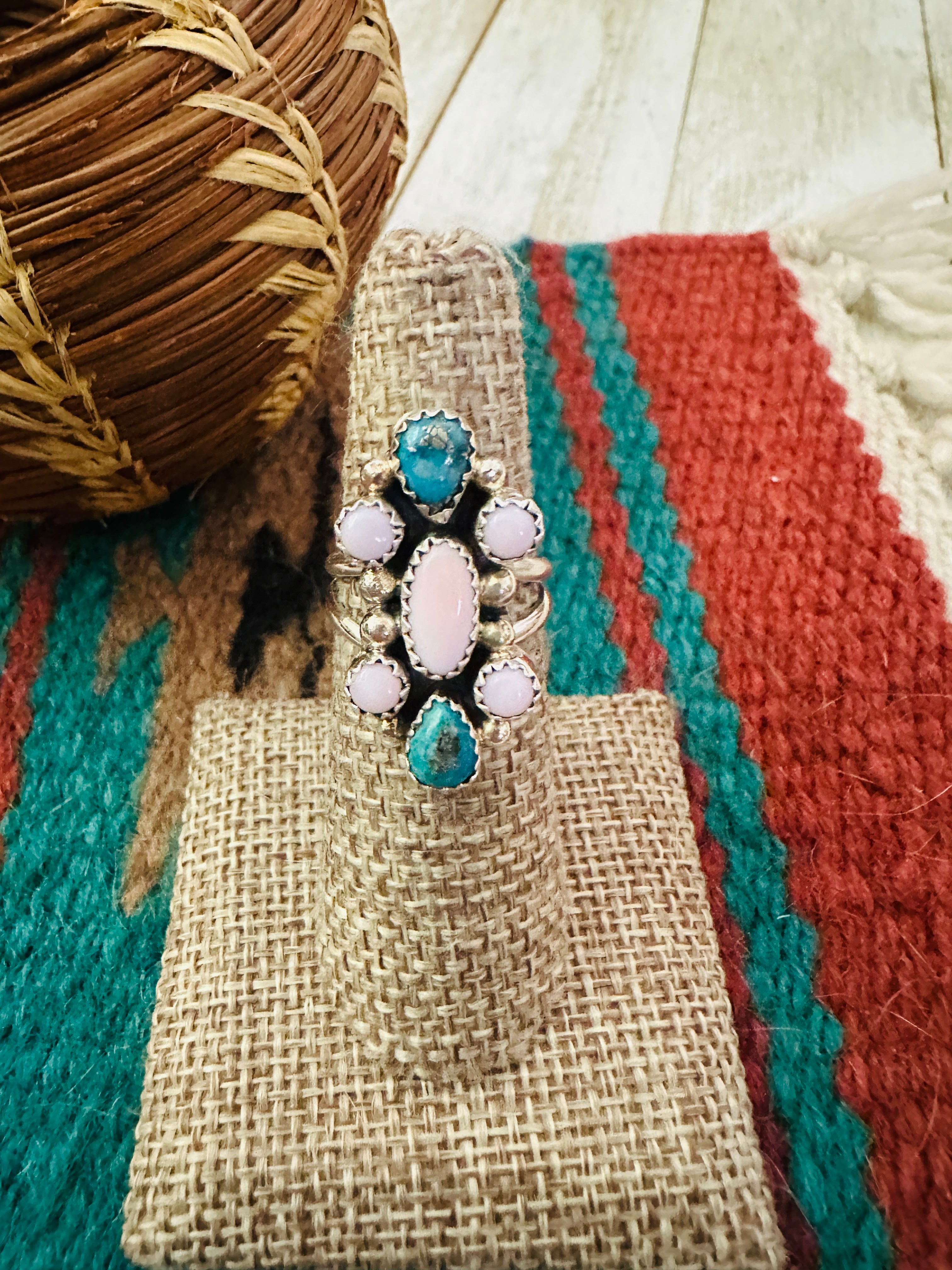 Handcrafted Turquoise, Queen Pink Conch & Sterling Silver Ring