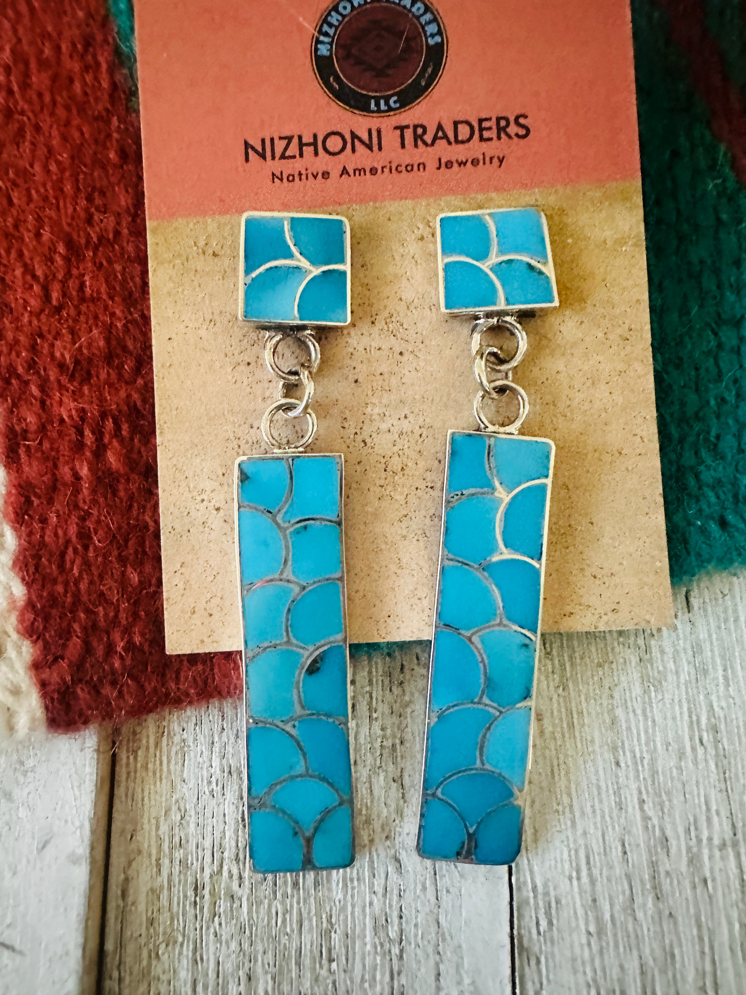 Zuni Sterling Silver & Turquoise Inlay Dangle Earrings