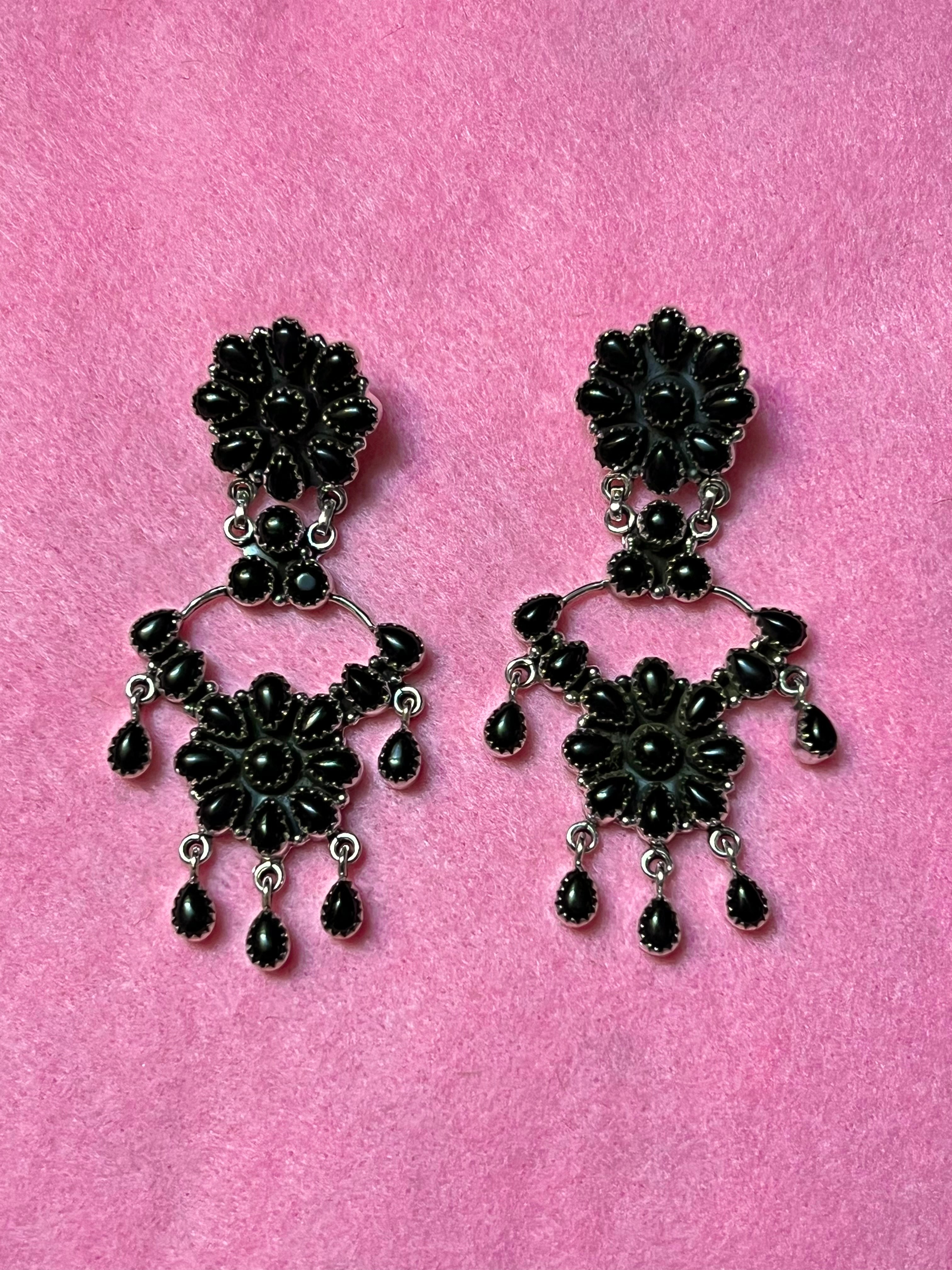 Handmade Sterling Silver & Black Onyx Cluster Chandelier Dangle Earrings