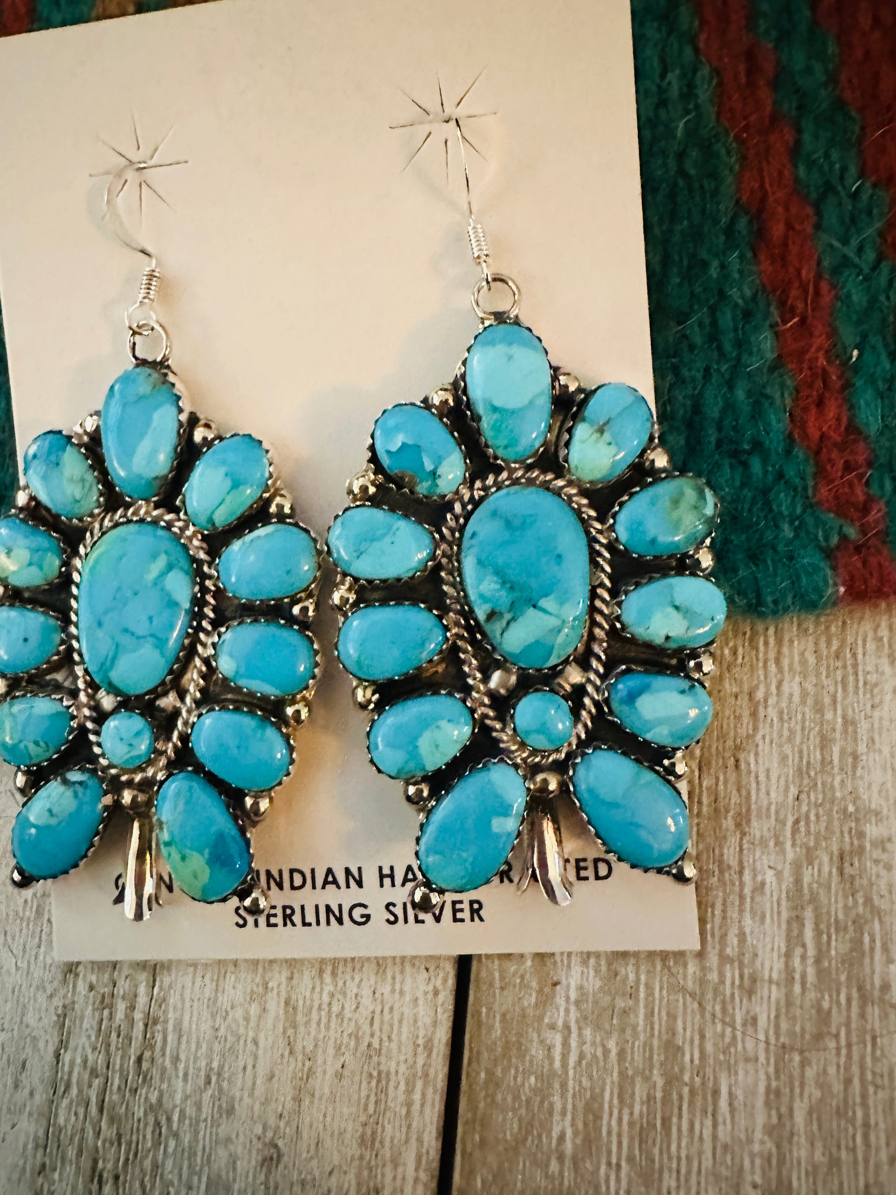 Handcrafted Sterling Silver & Turquoise Cluster Blossom Dangle Earrings