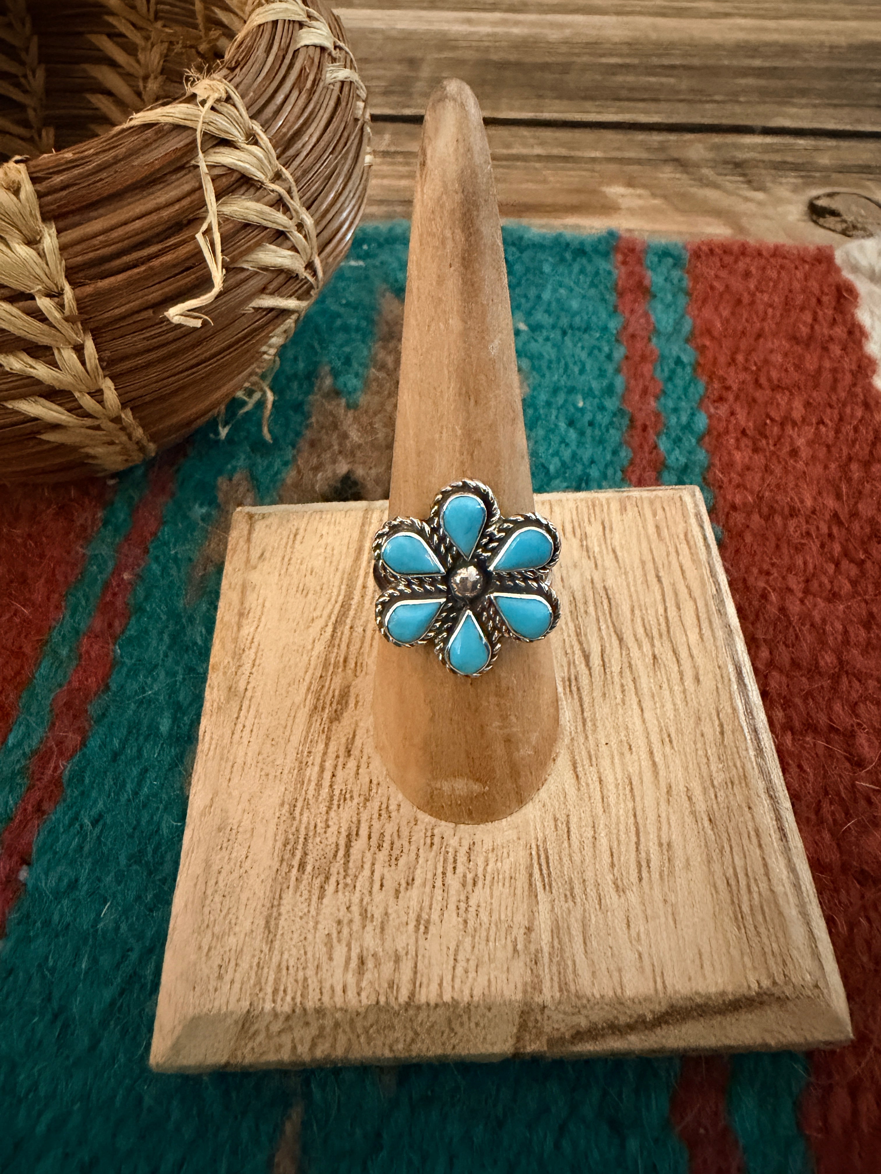 Handcrafted Turquoise & Sterling Silver Cluster Ring Size 7.75