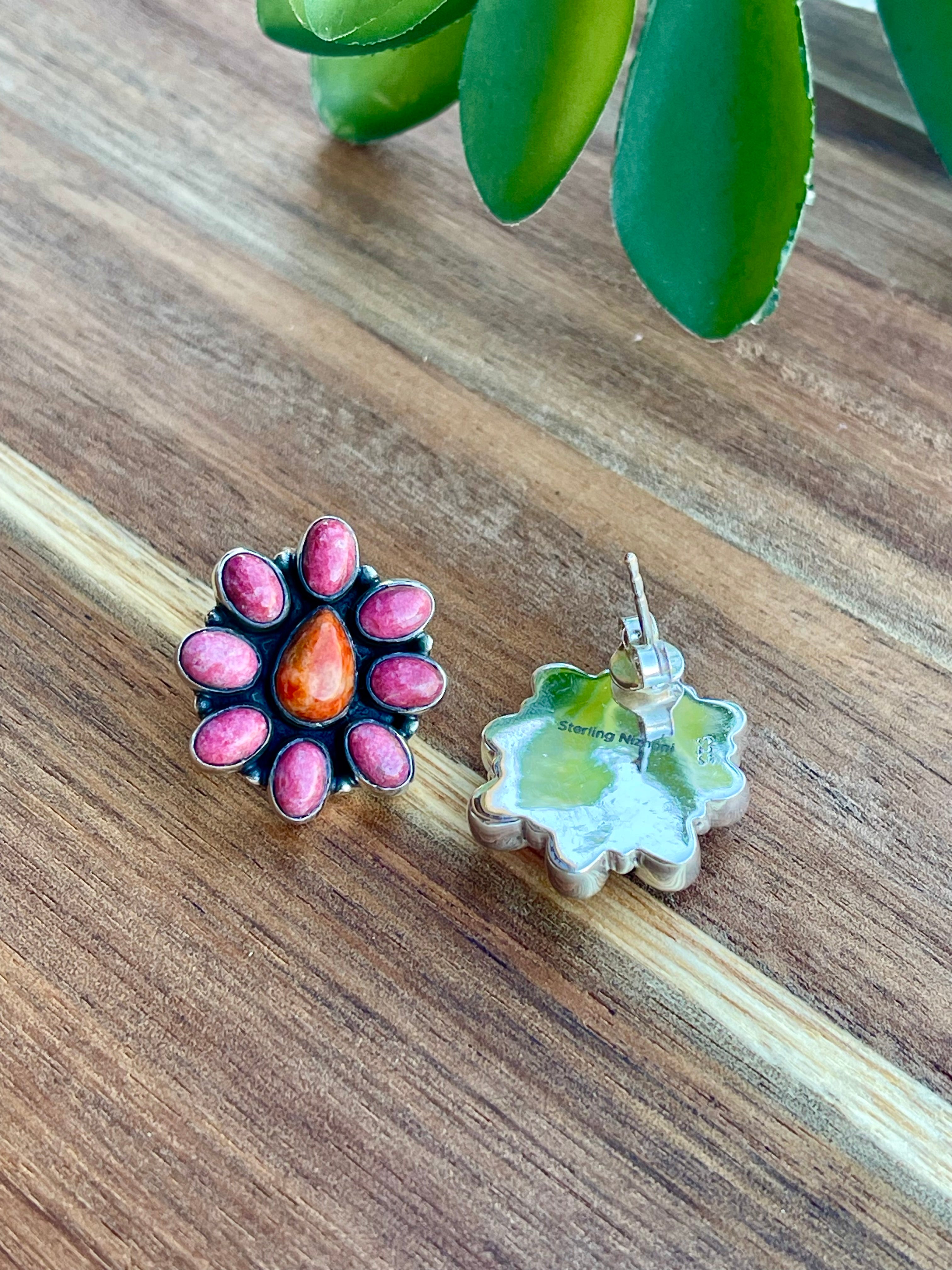 Handmade Orange Mojave, Rhodonite and Sterling Silver Post Earrings Signed Nizhoni