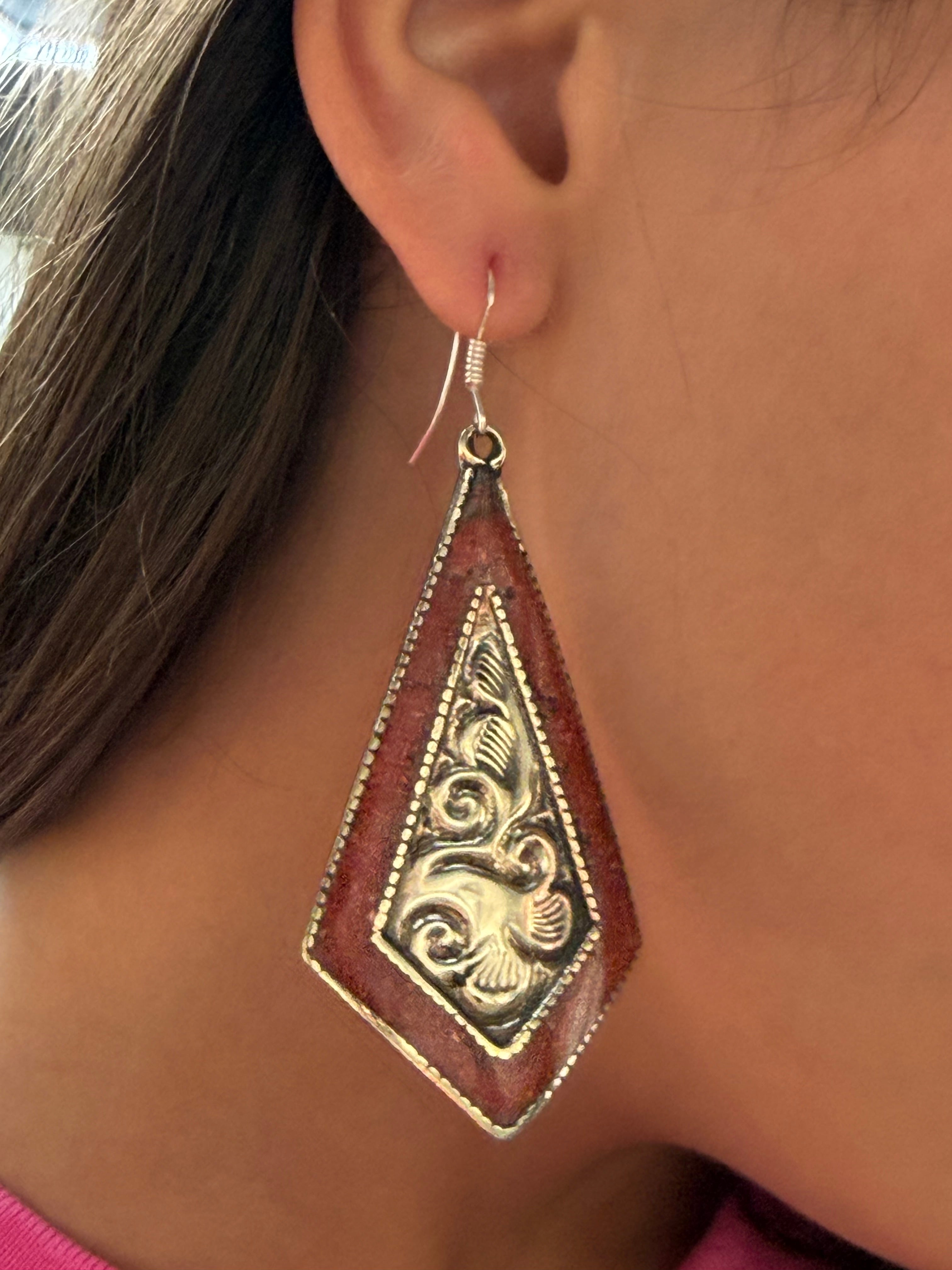 Rustic Western Silver Embossed Drop Earrings