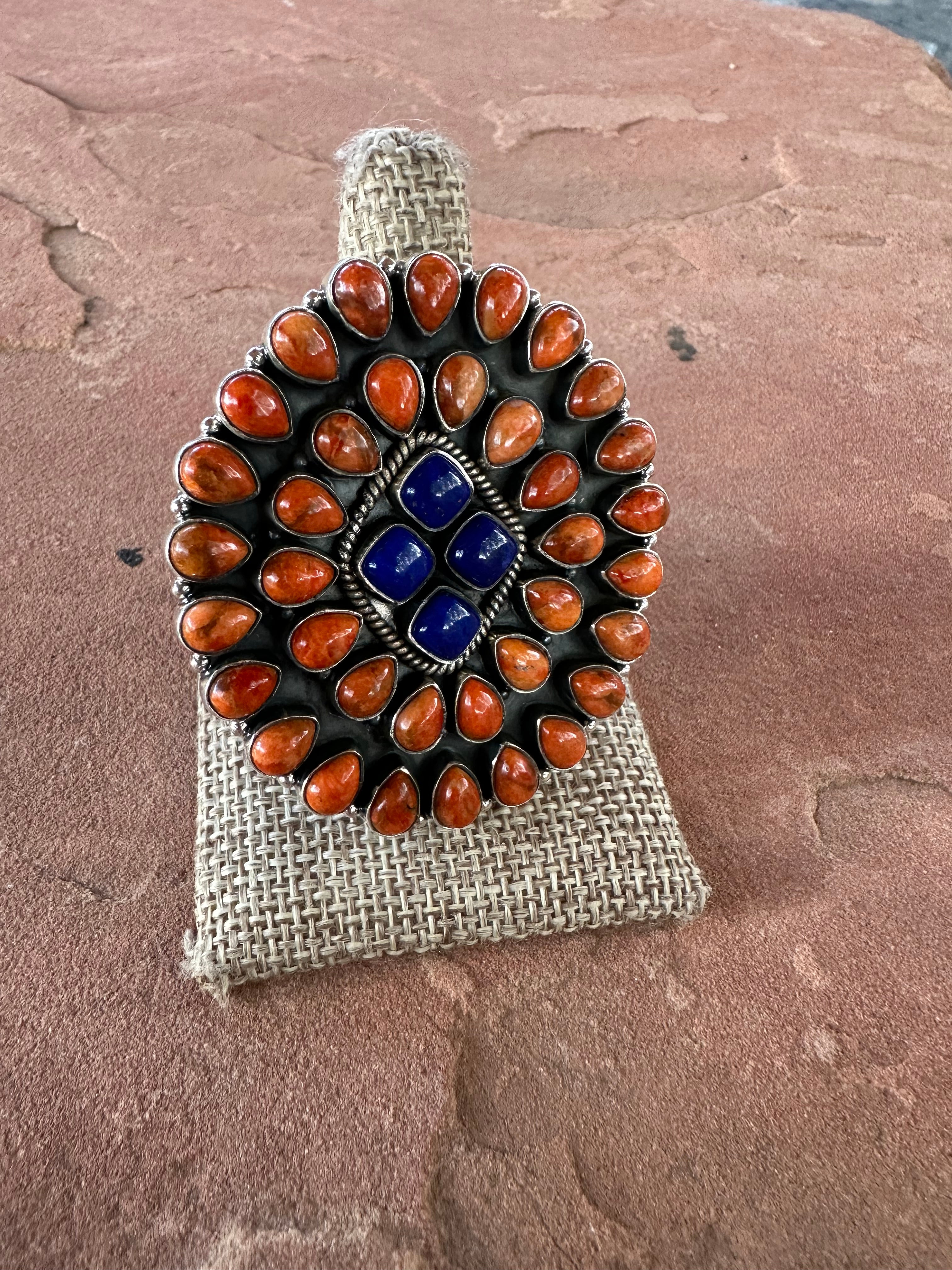 Beautiful Handmade Orange Mojave, Lapis And Sterling Silver Adjustable Statement Ring