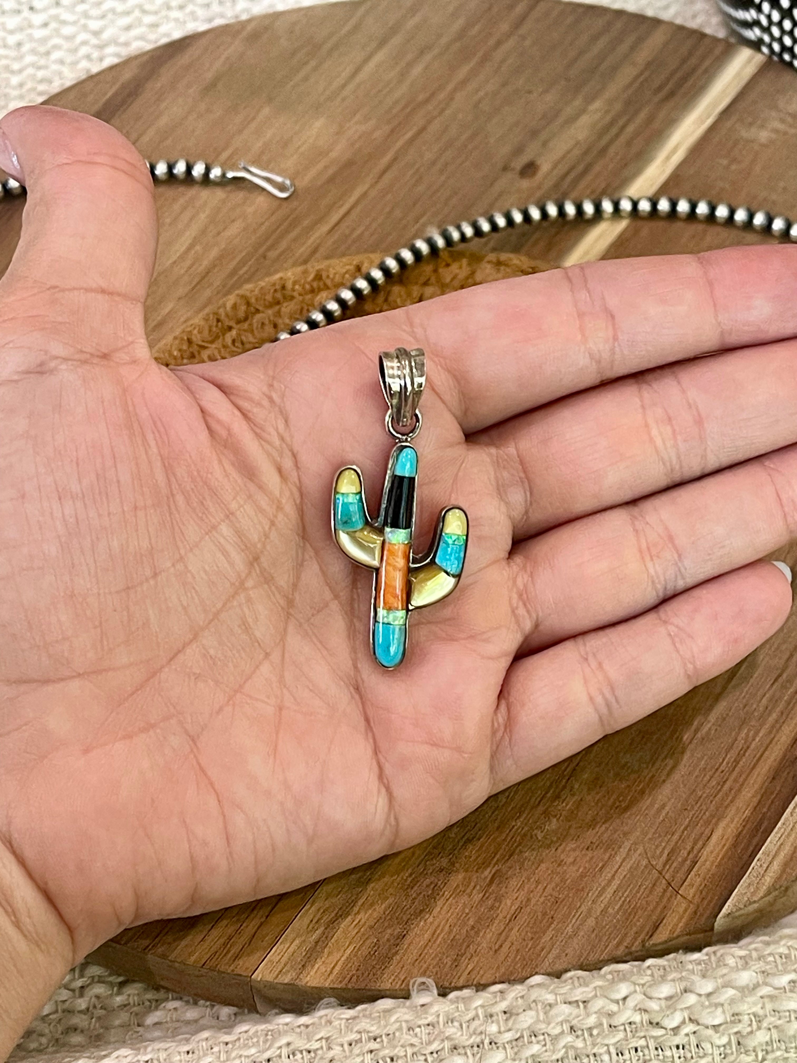 Handmade Sterling Silver & Multi Stone Cactus Pendant