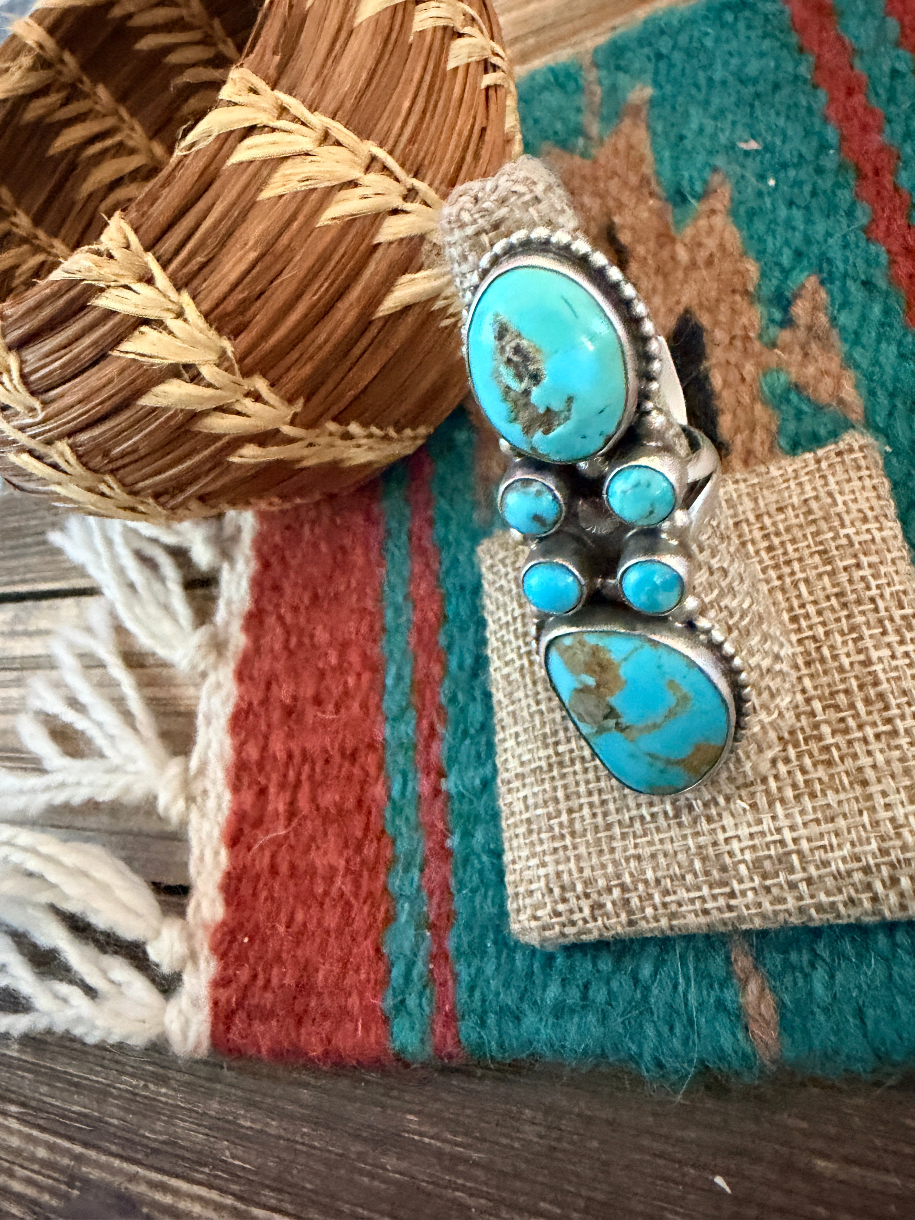Handcrafted Kingman Turquoise & Sterling Silver Cluster Ring Size 8 by Sheila Becenti