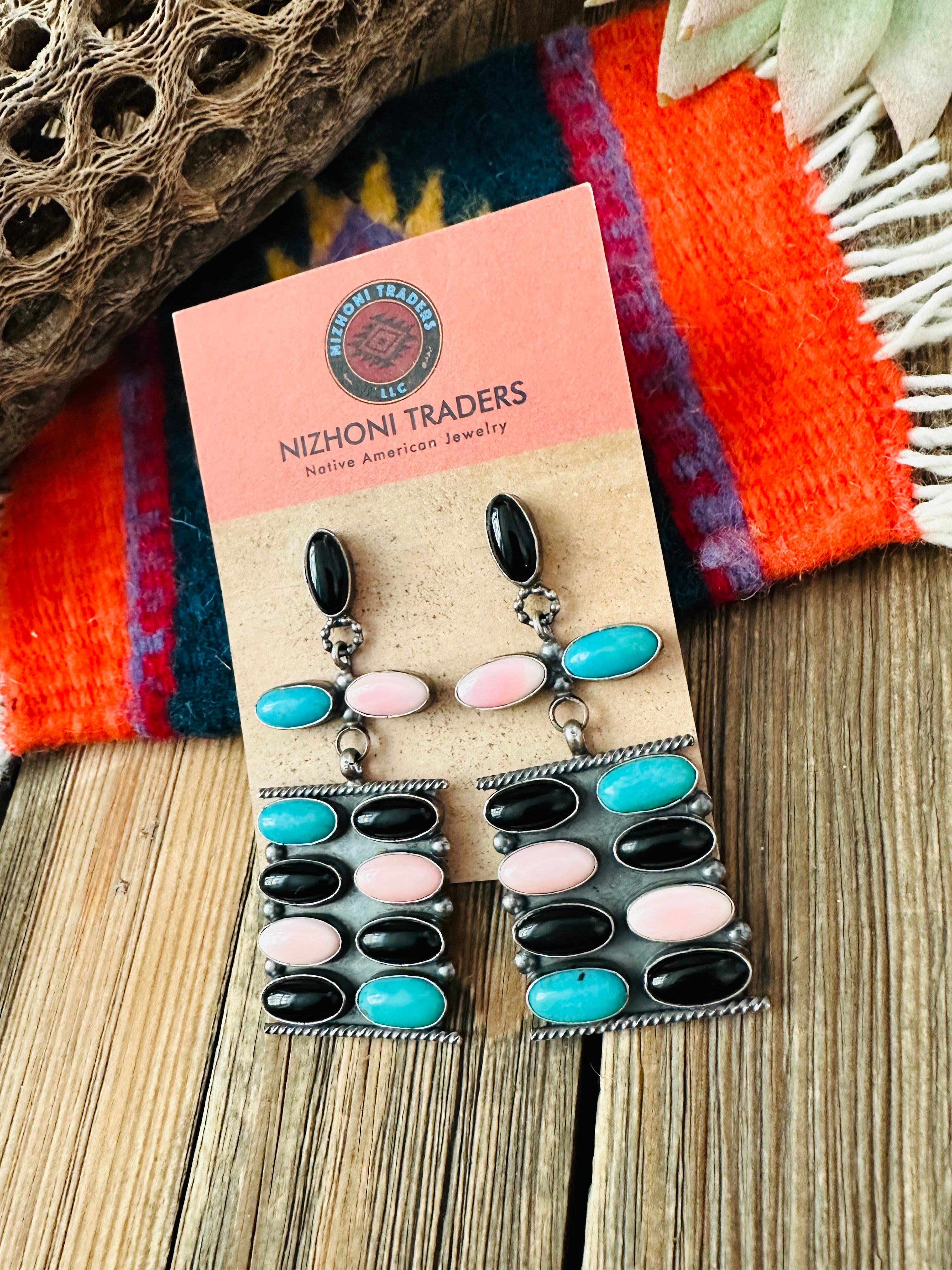 Navajo Queen Pink Conch, Turquoise, Onyx & Sterling Silver Dangle Earrings