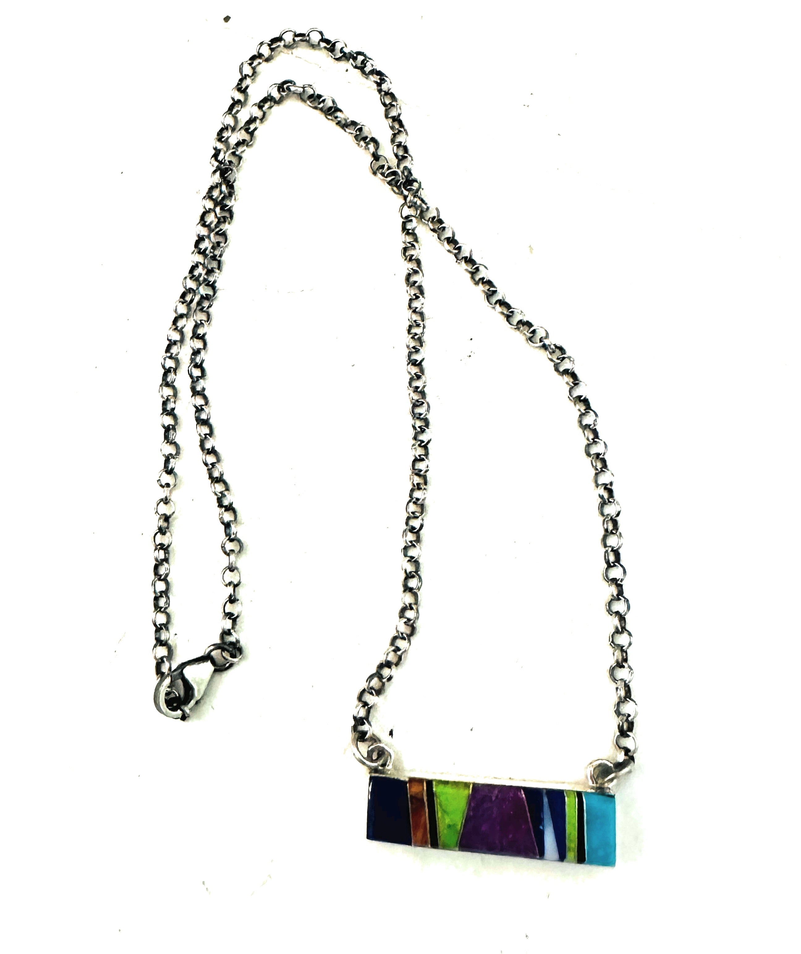 Navajo Multi Stone & Sterling Silver Inlay Bar Necklace