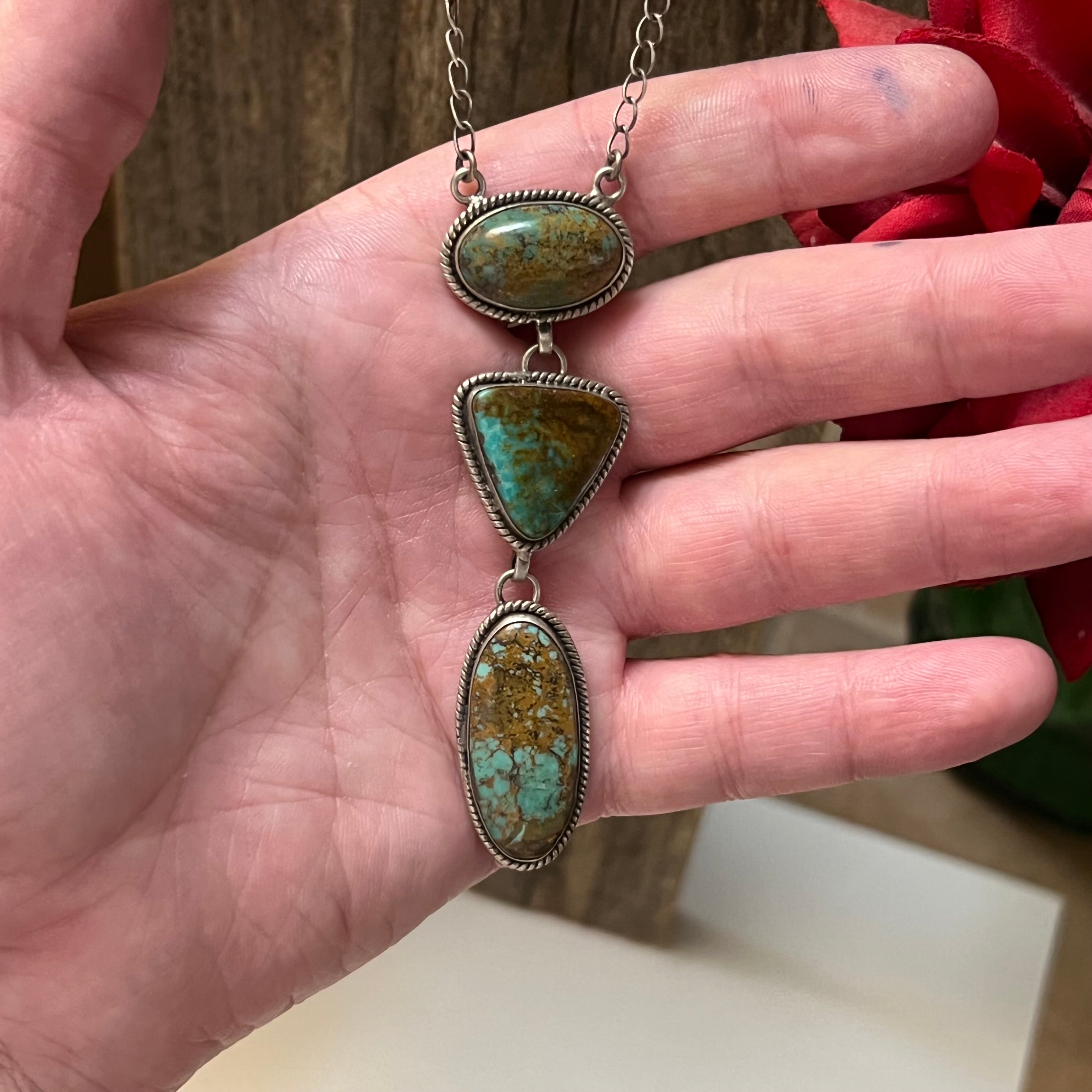 Handmade 3 Stone Turquoise & Sterling Silver Drop Necklace (09)