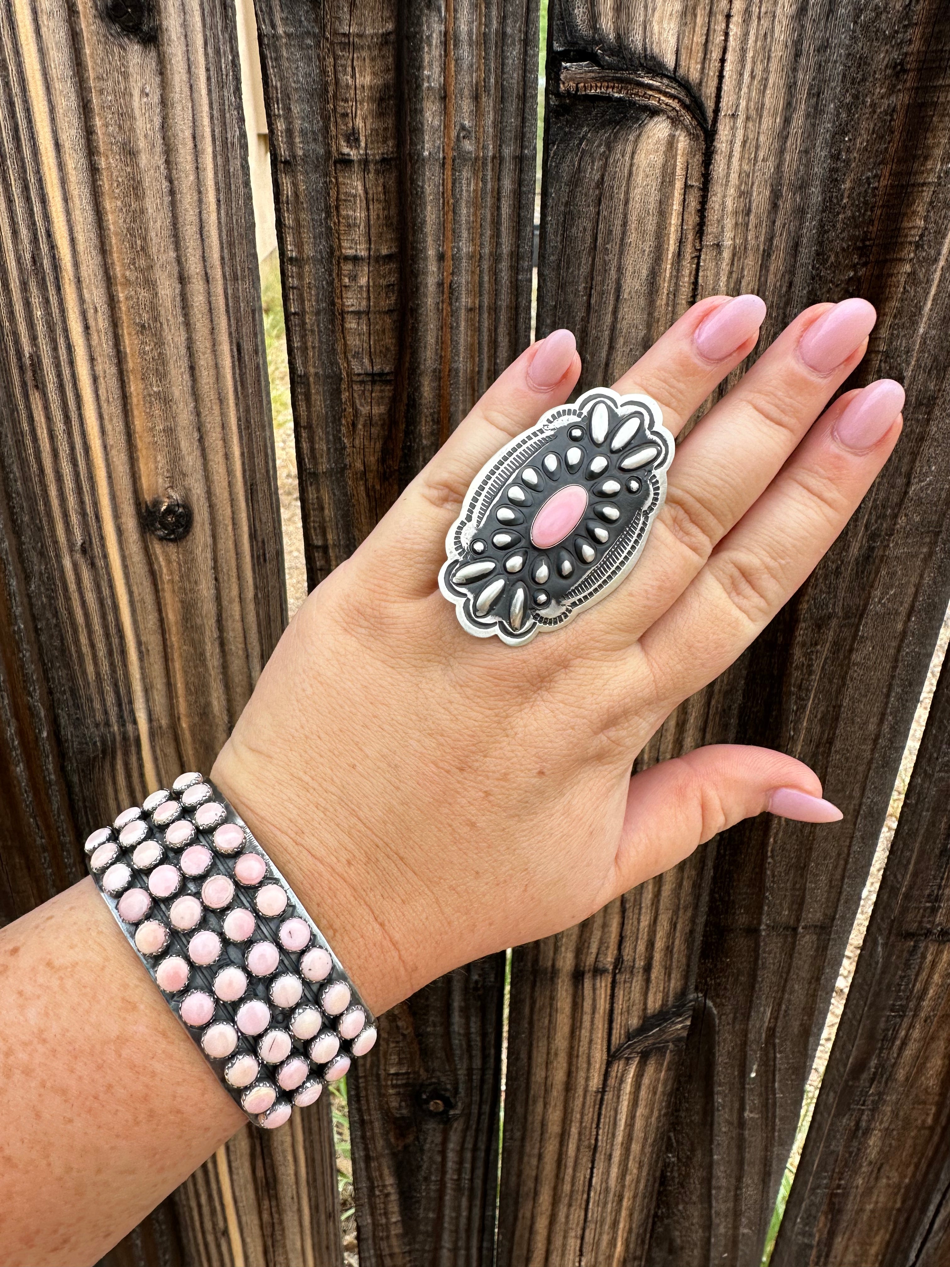 Navajo Sterling and Queen Pink Conch Shell Adjustable Ring Signed L Tahe