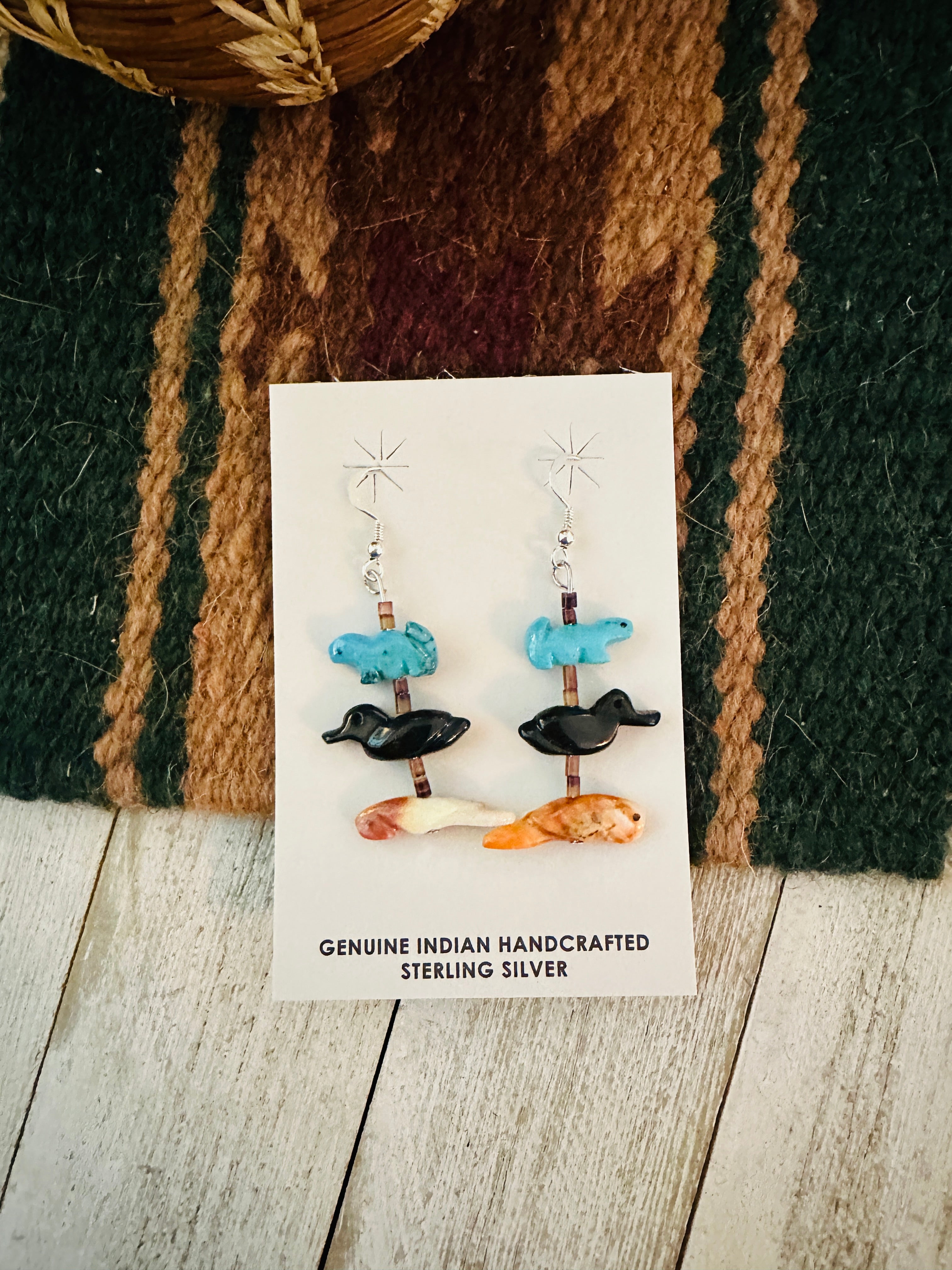 Zuni Multi Stone Beaded Fetish Dangle Earrings