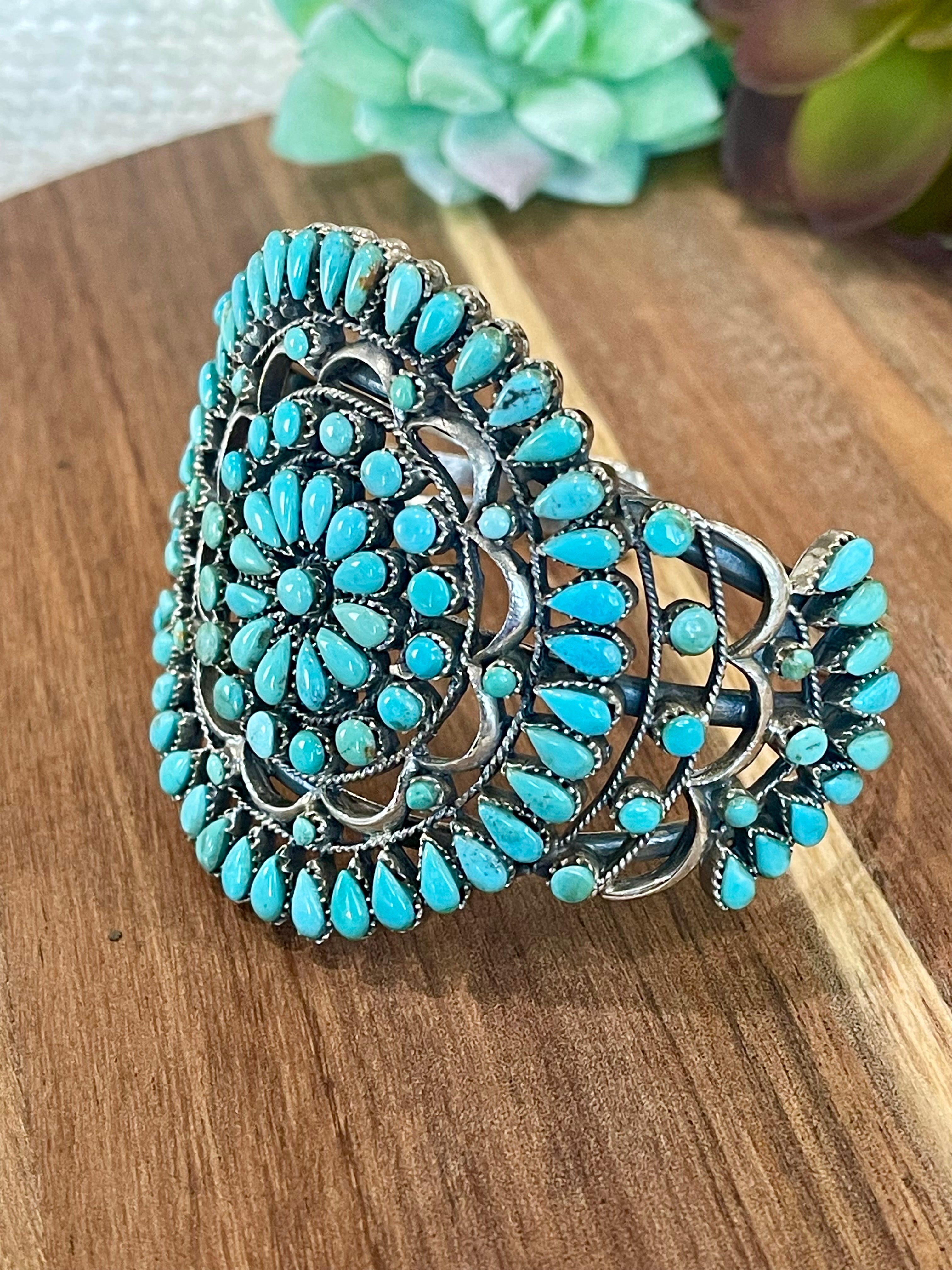 Handmade Sterling Silver & Turquoise Needlepoint Cuff Bracelet Signed Nizhoni