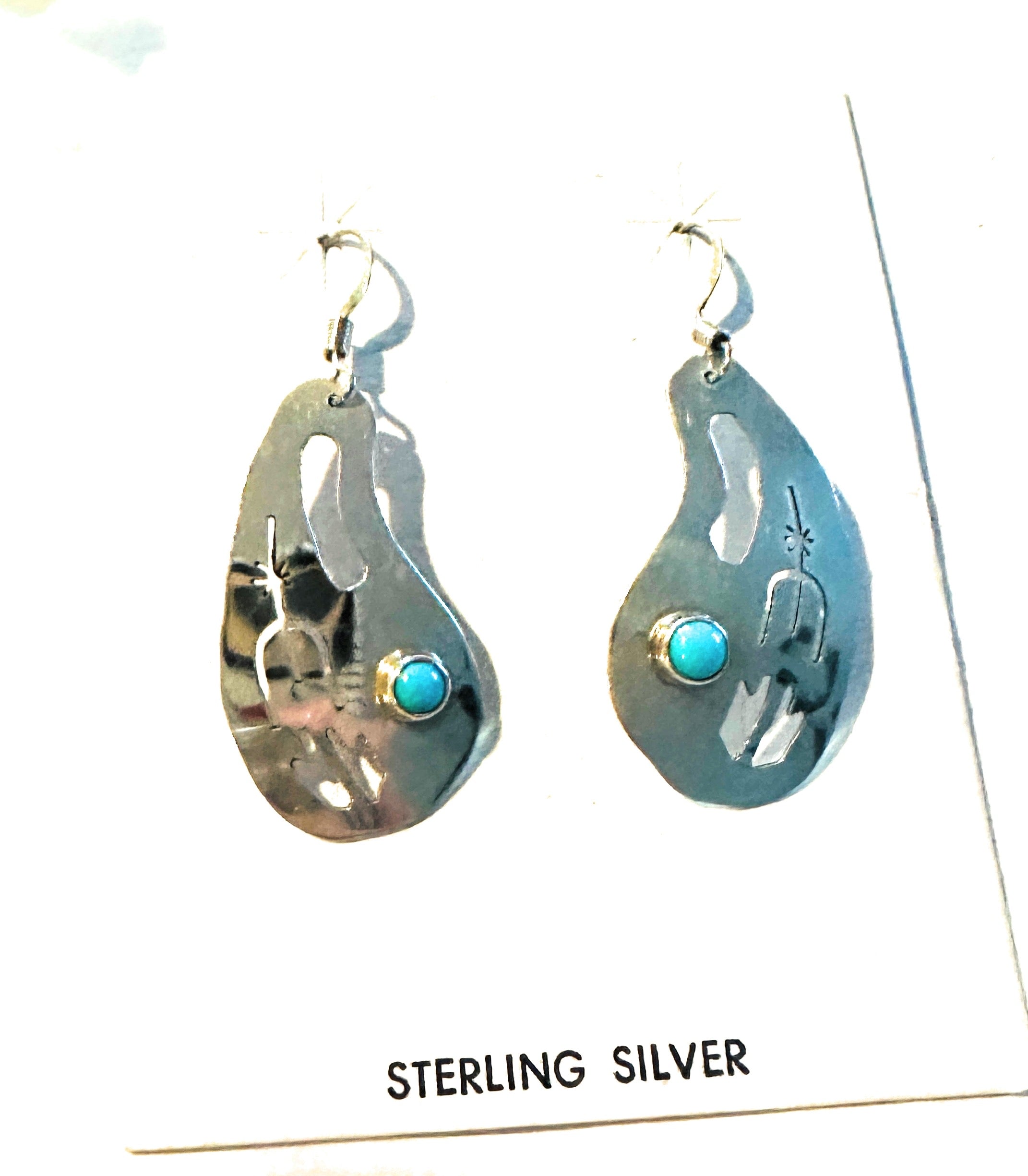 Navajo Hand Stamped Sterling Silver & Turquoise Dangle Earrings