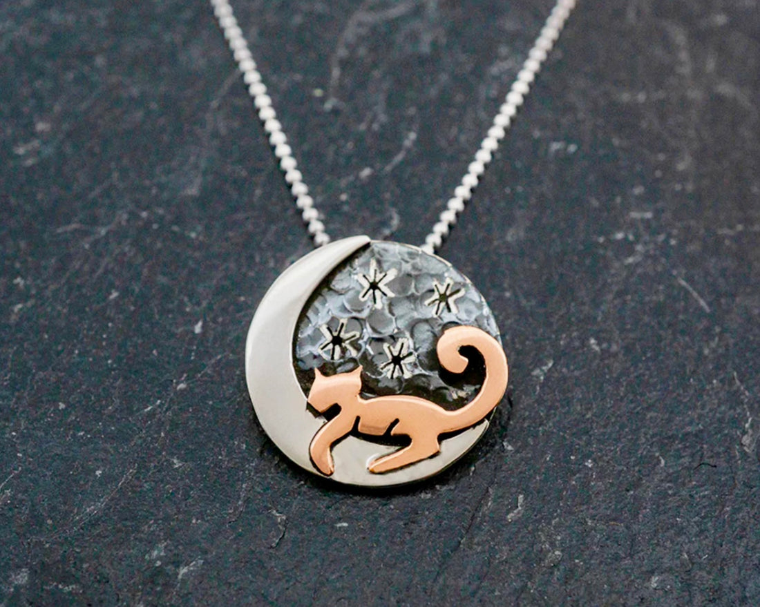 Cat on the Moon Sterling Silver Copper Pendant Necklace