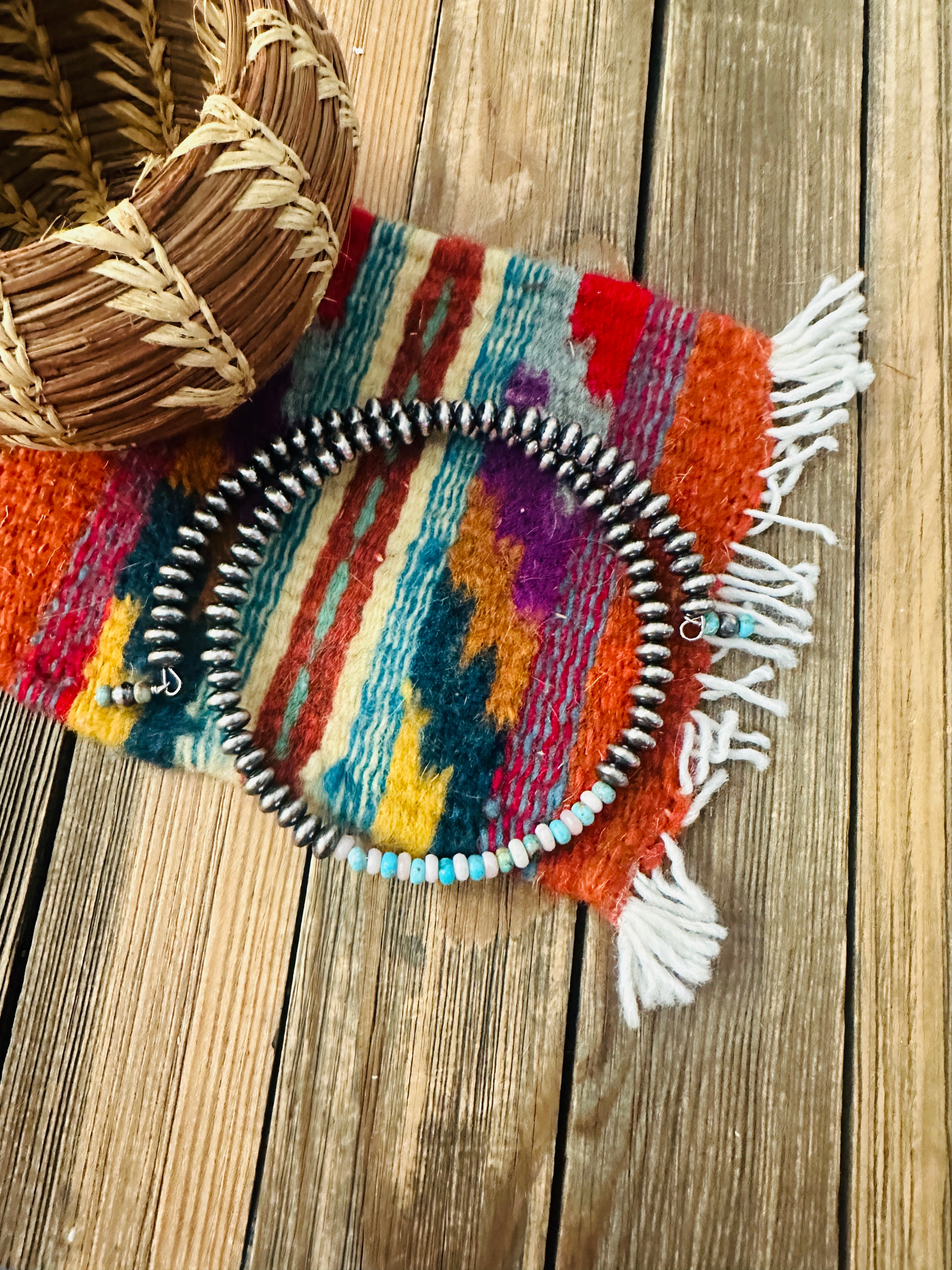 Handcrafted Turquoise, Queen Pink Conch & Sterling Silver Beaded Wrap Choker Necklace