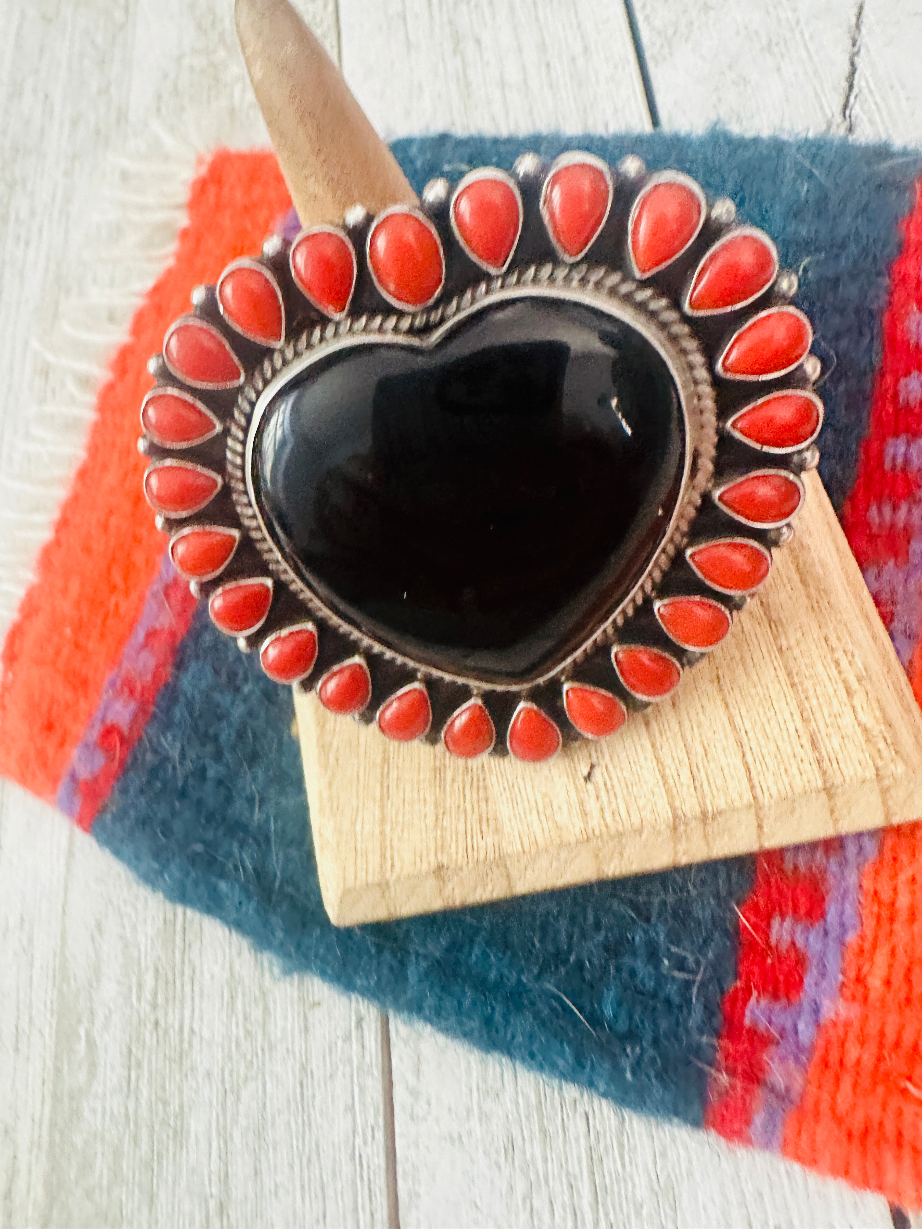 Navajo Sterling Silver, Onyx & Coral Heart Adjustable Ring