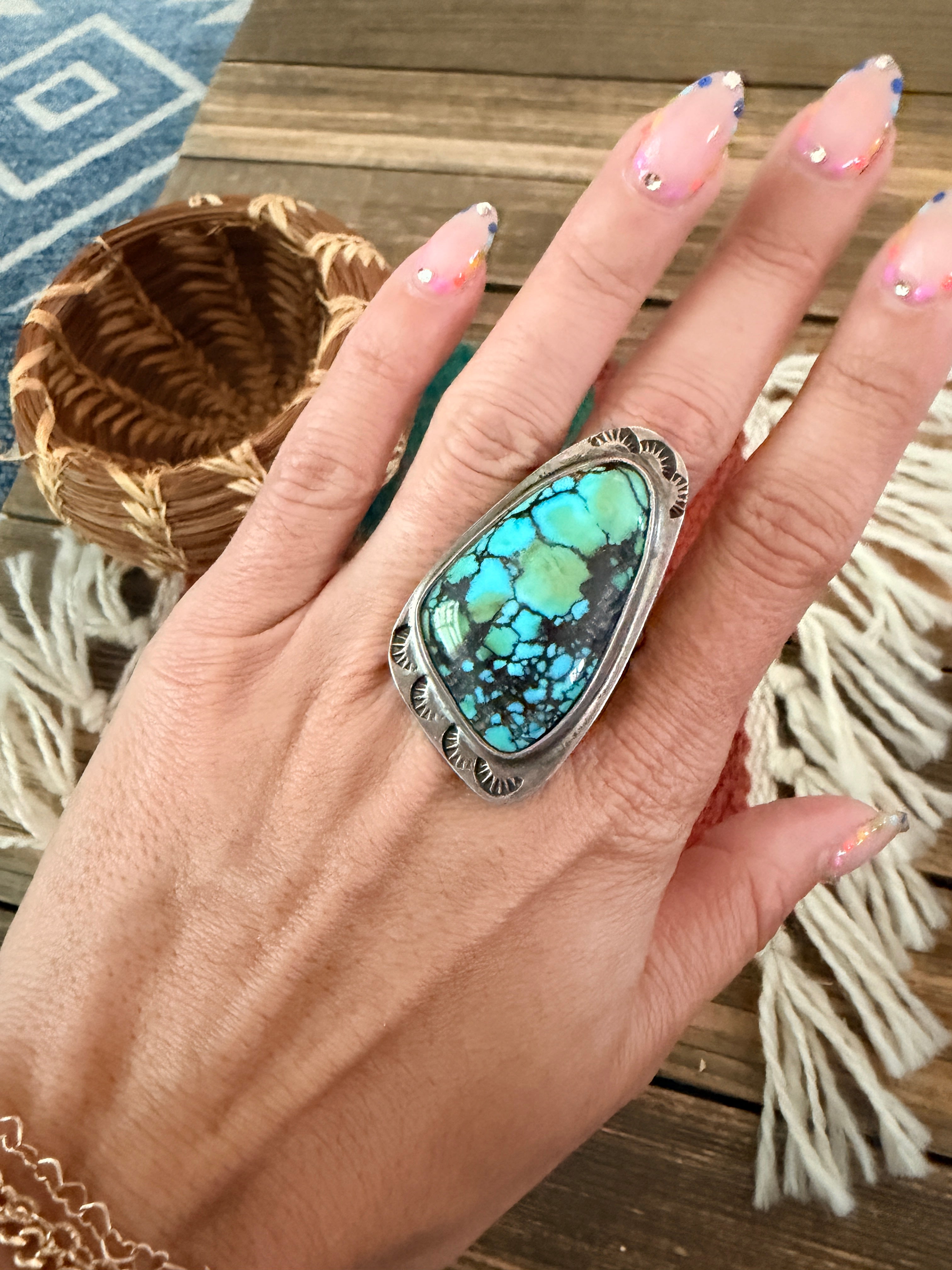 Old Pawn Handcrafted Hubei Turquoise & Sterling Silver Ring Size 10.25