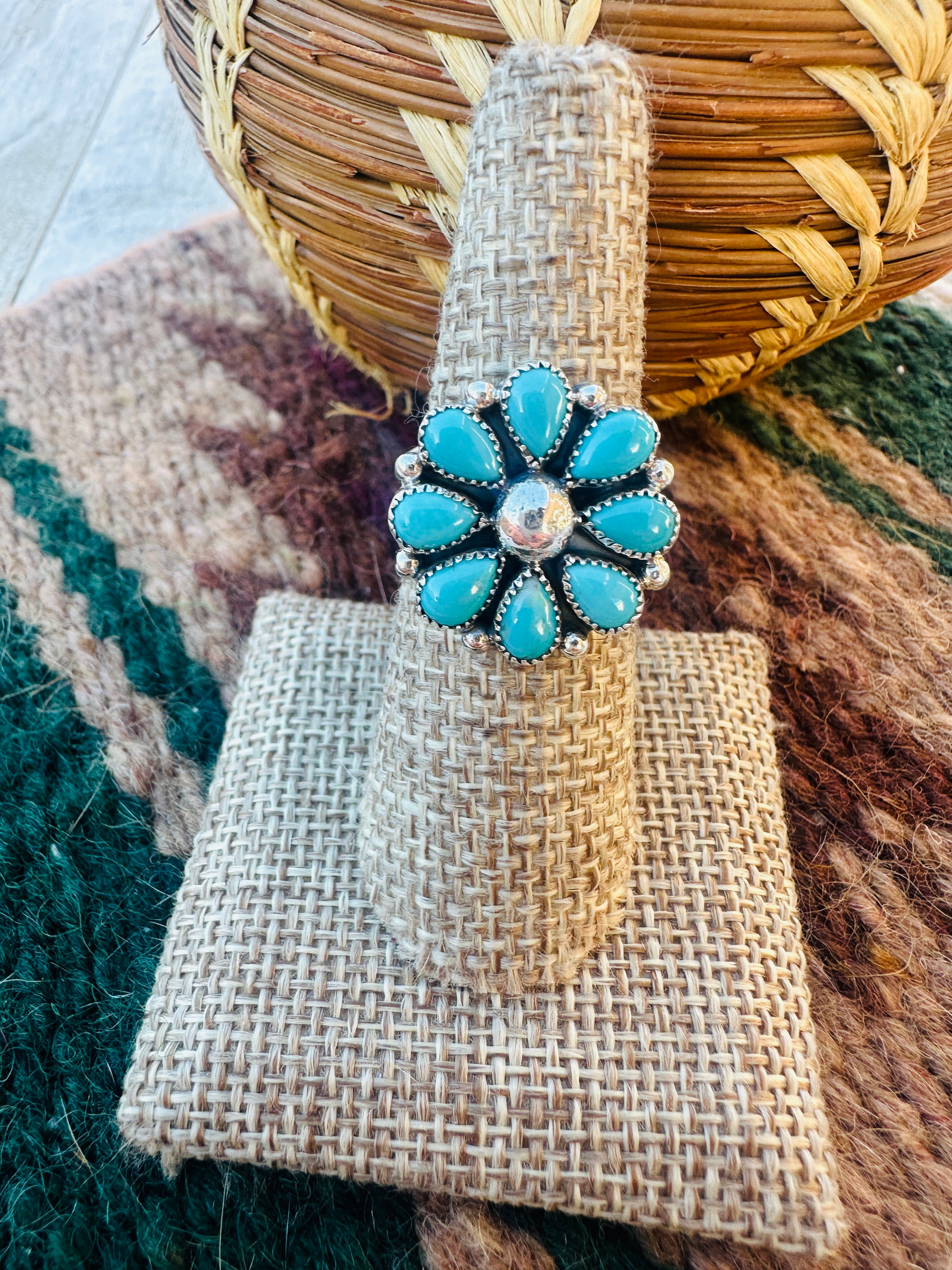 Handcrafted Turquoise Flower & Sterling Silver Cluster Ring