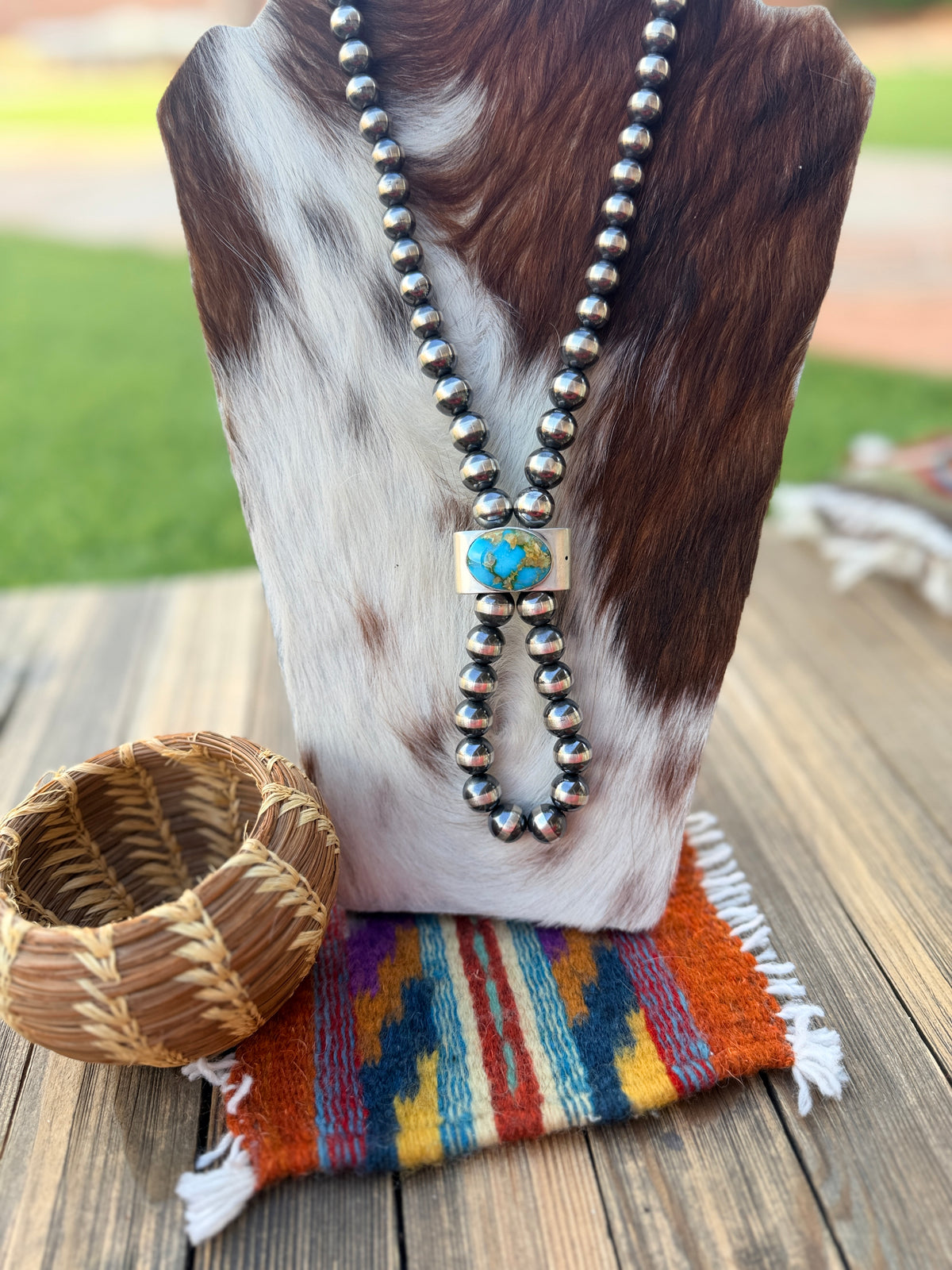 Handcrafted Turquoise & Sterling Silver Beaded Double Sided Jacla Necklace