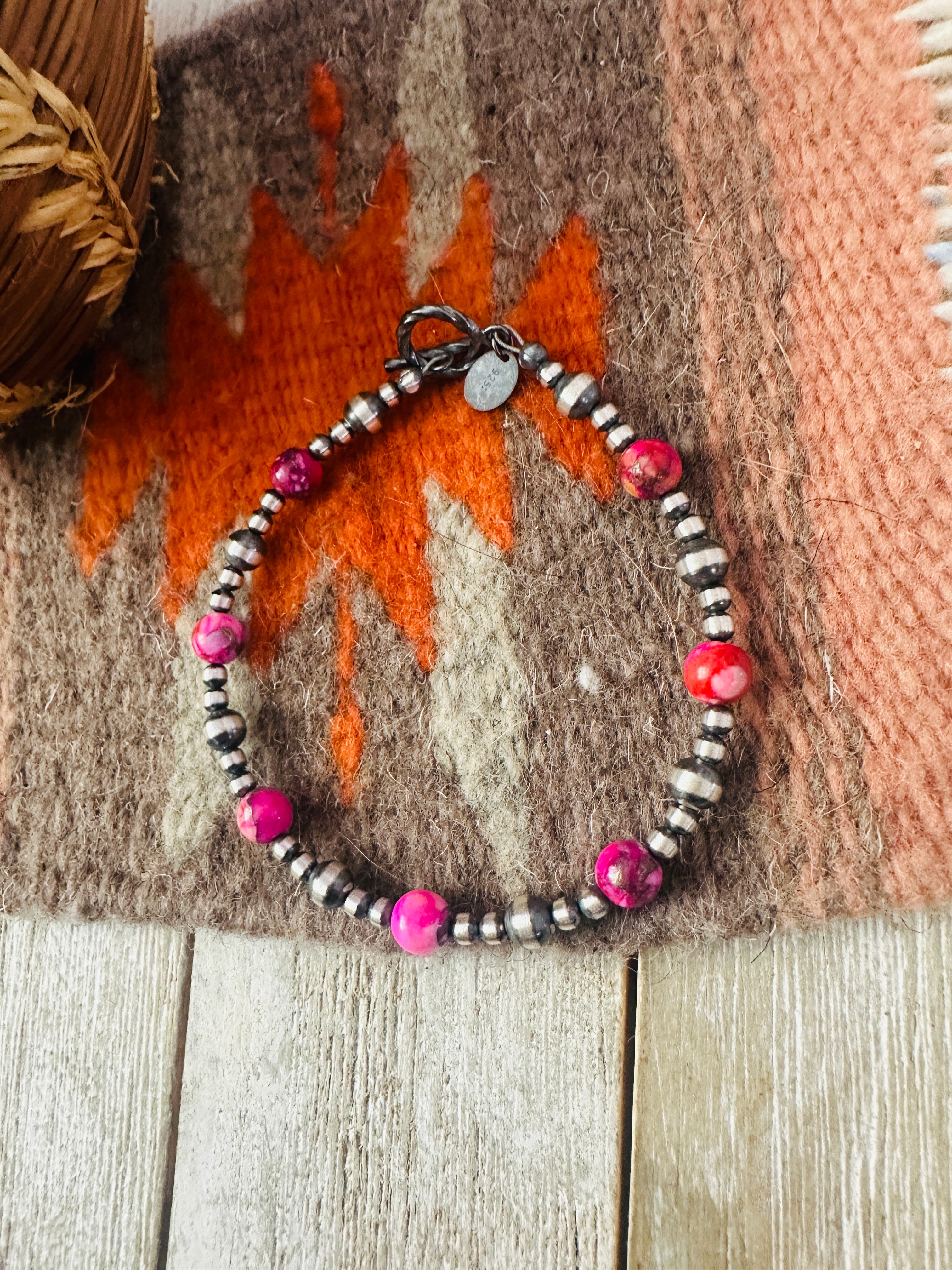 Handcrafted Pink Mojave and Sterling Silver Pearl Beaded Bracelet