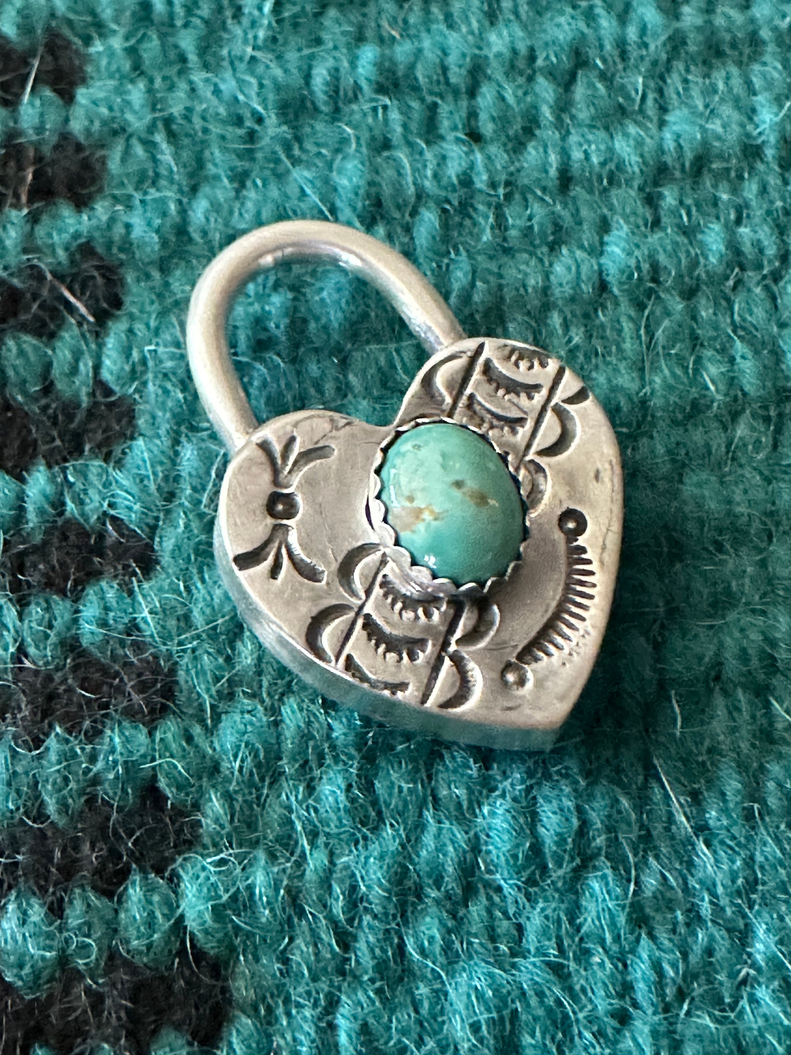 Navajo Turquoise & Sterling Silver Heart Locket Pendant Signed Russell Sam BLUE TONES