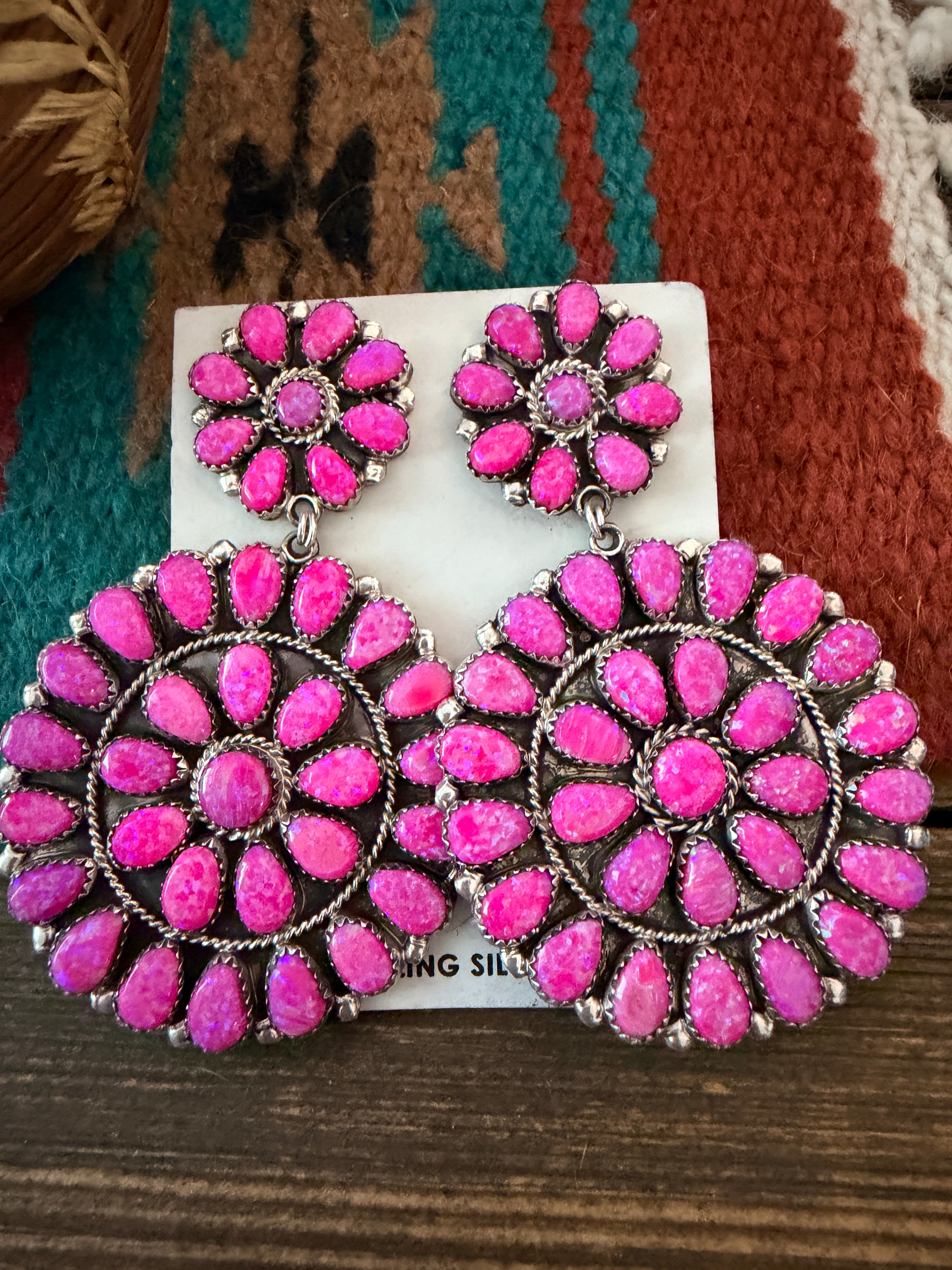 Handcrafted Pink Opal & Sterling Silver Cluster Dangle Earrings by Danny L. Wauneka