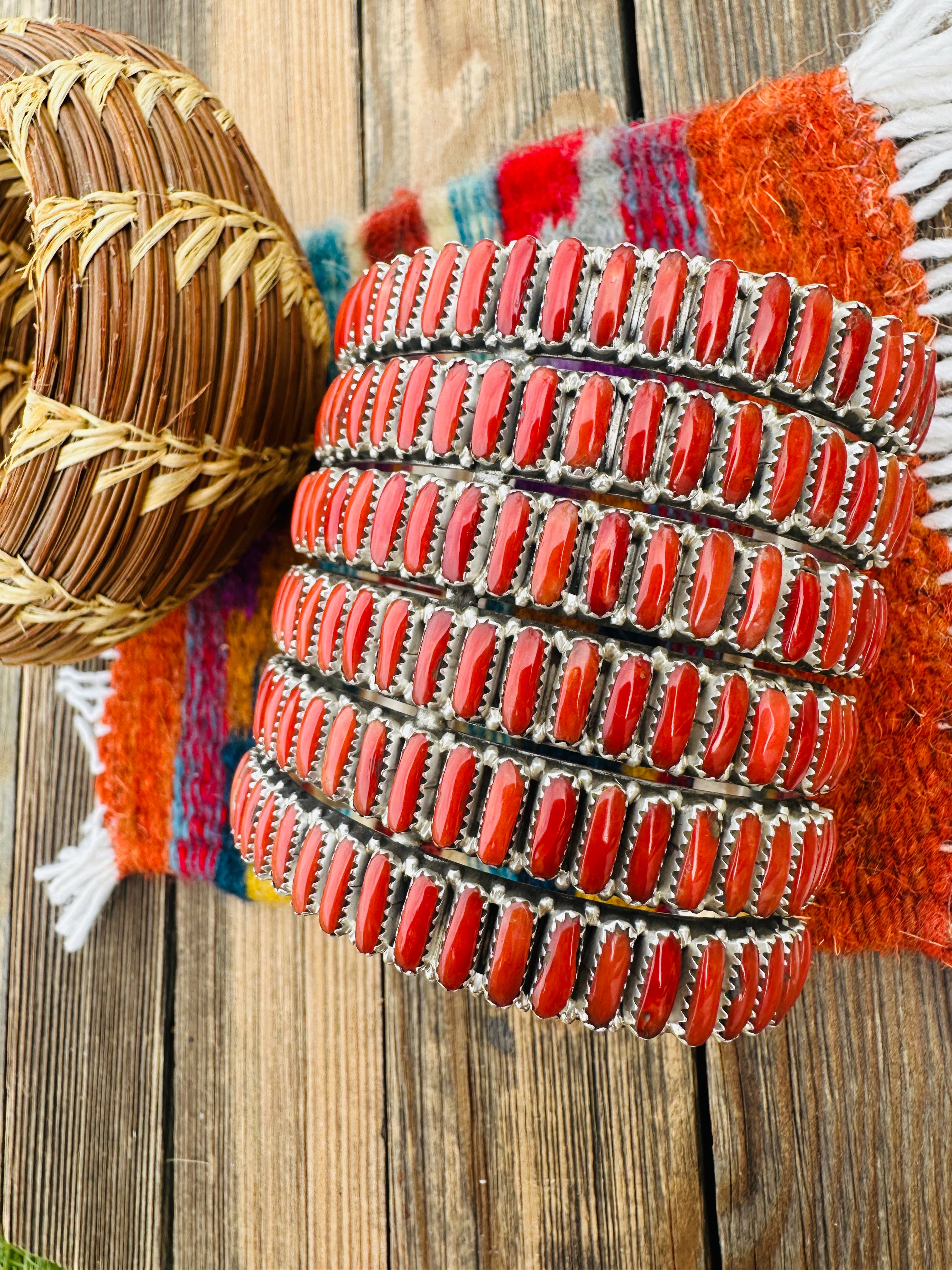 Handcrafted Coral & Sterling Silver Cluster Cuff Bracelet