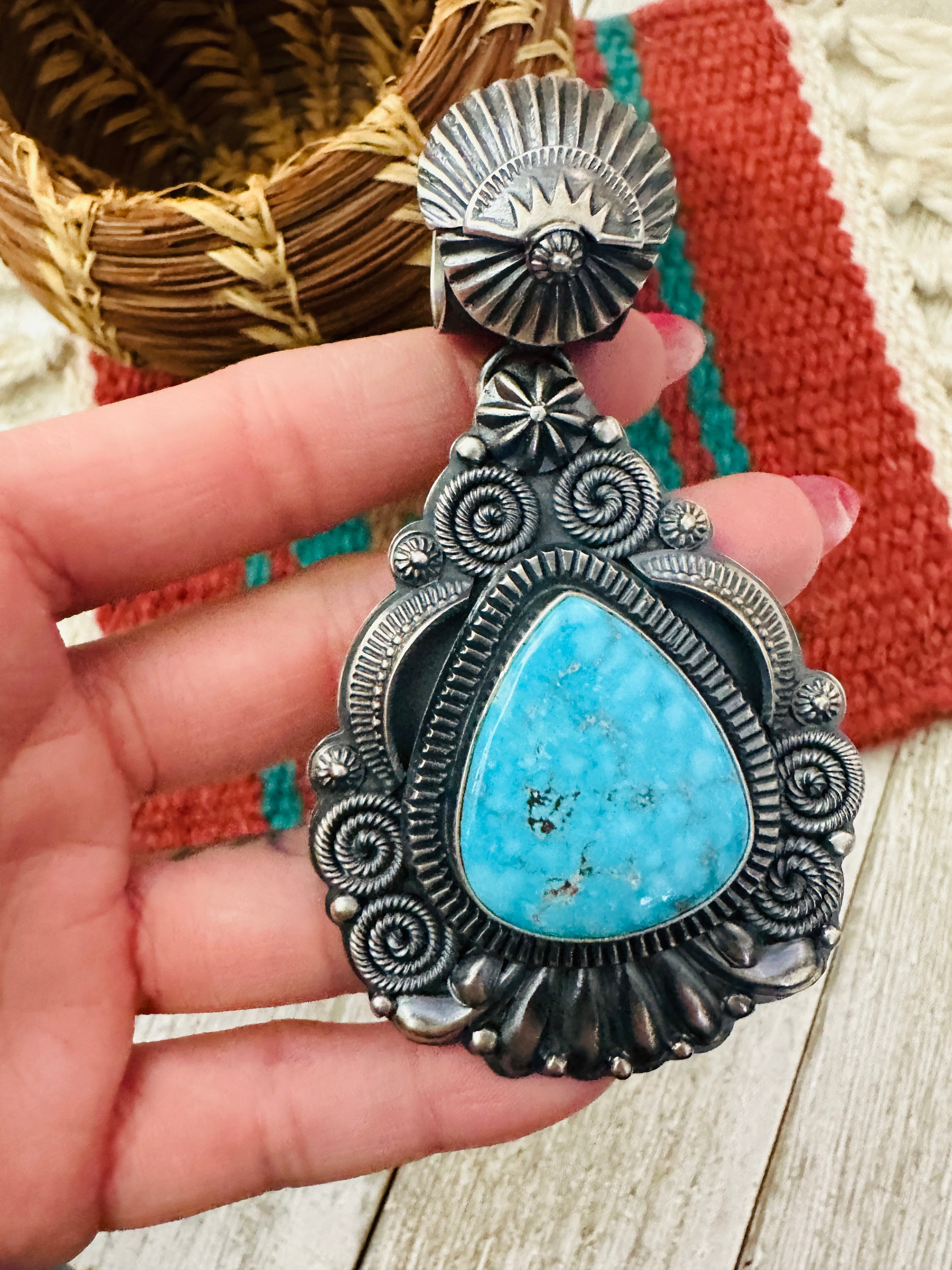Handcrafted Sterling Silver & Kingman Turquoise Pendant by Delbert Gordon