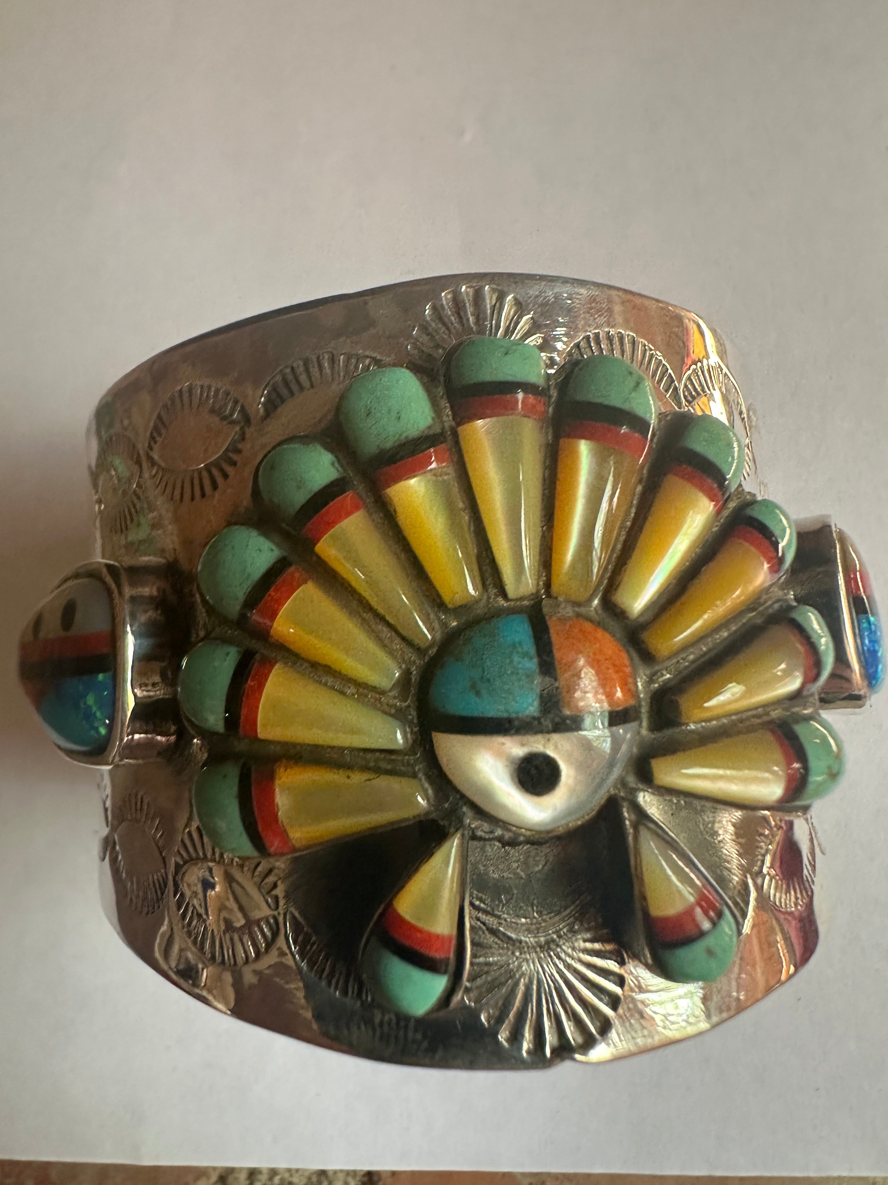 Handmade Sterling Silver Multi Stone Southwest Inlay Sunface Cuff