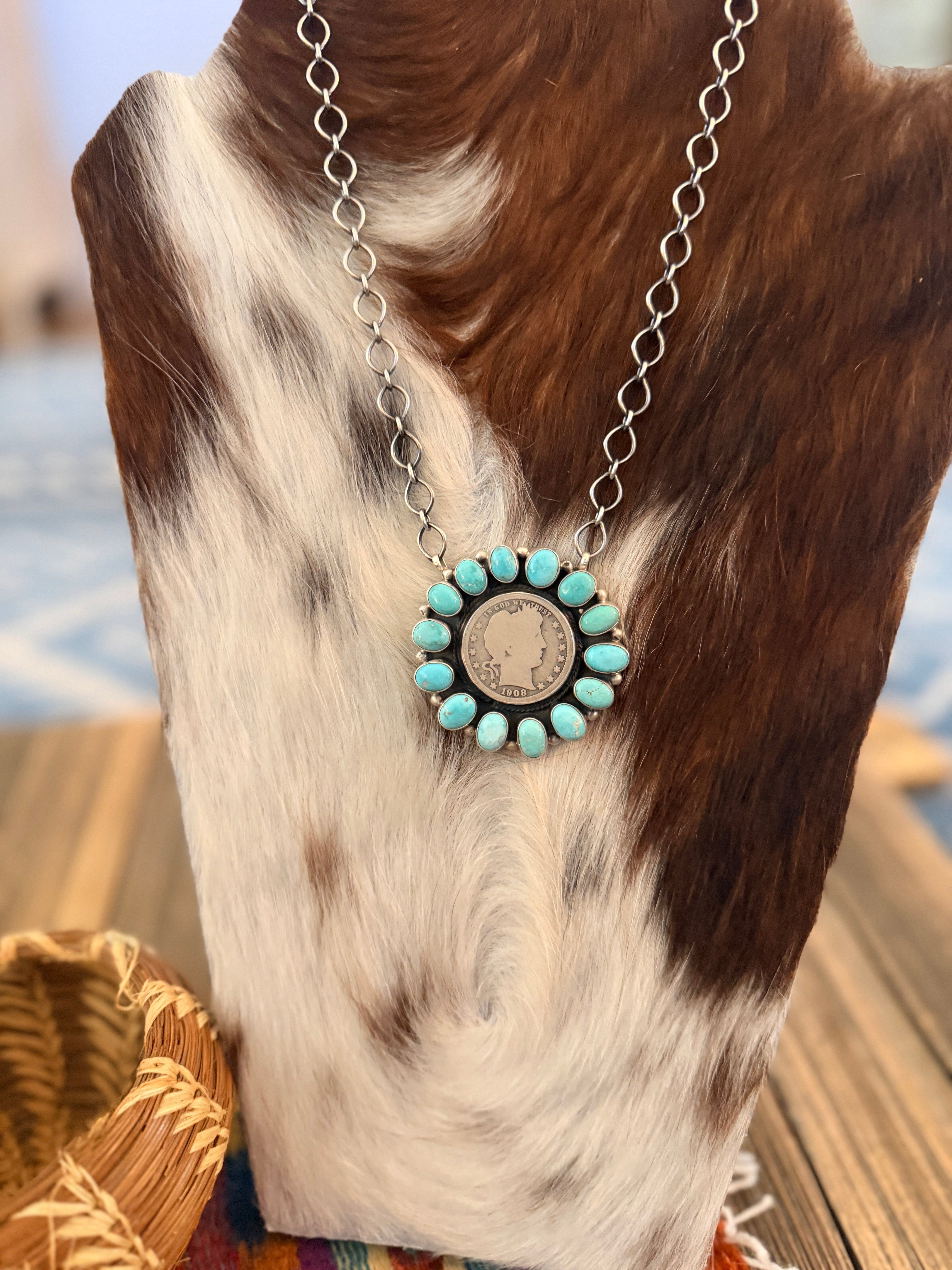 Handcrafted Turquoise & Sterling Silver Liberty Dime Necklace by Travis Jim