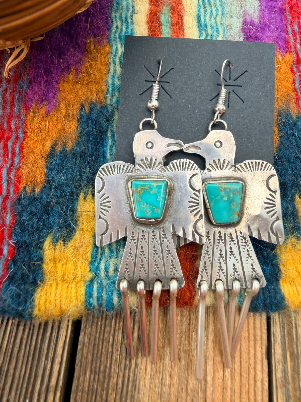 Handcrafted Sterling Silver & Turquoise Thunderbird Dangle Earrings by Vernon Begay