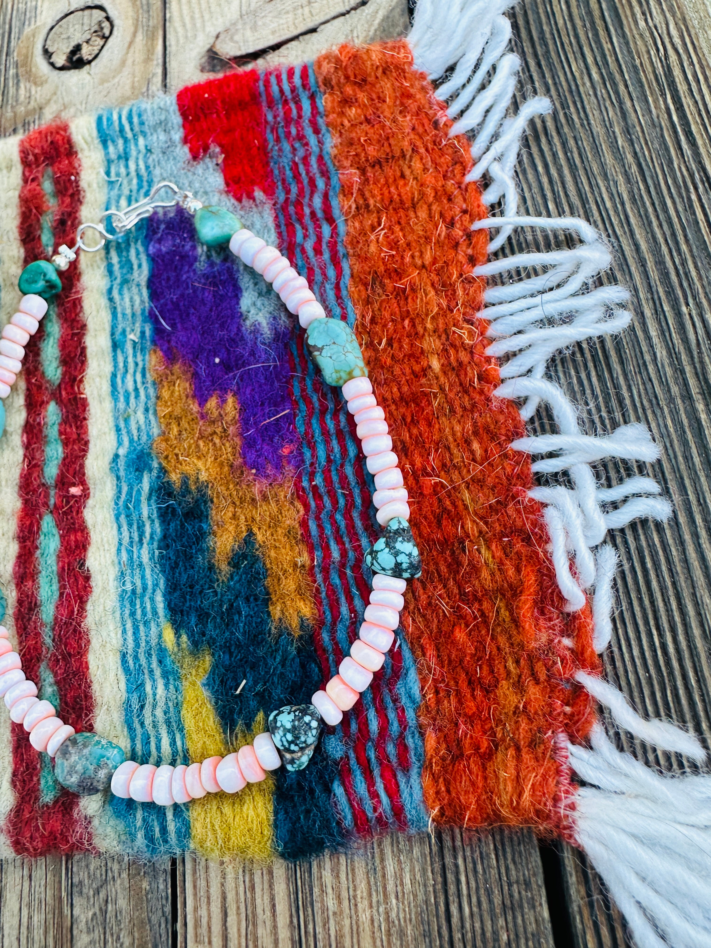 Handcrafted Turquoise, Queen Pink Conch & Sterling Silver Beaded Anklet