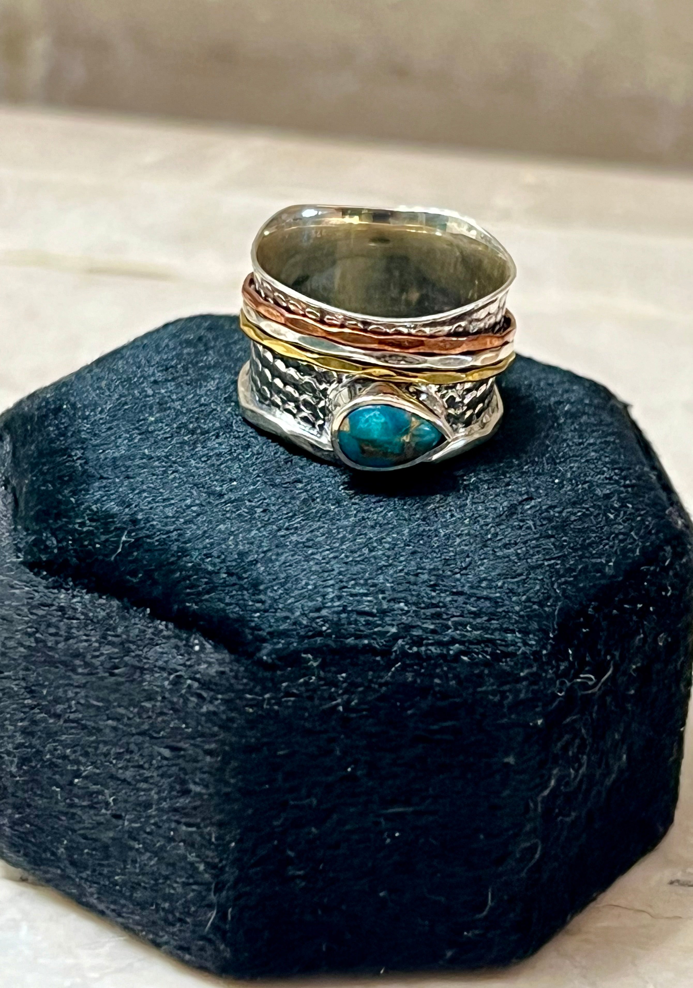 Copper Turquoise Sterling Silver, Gold, Copper Spinner Ring Size 7 “Smooth”