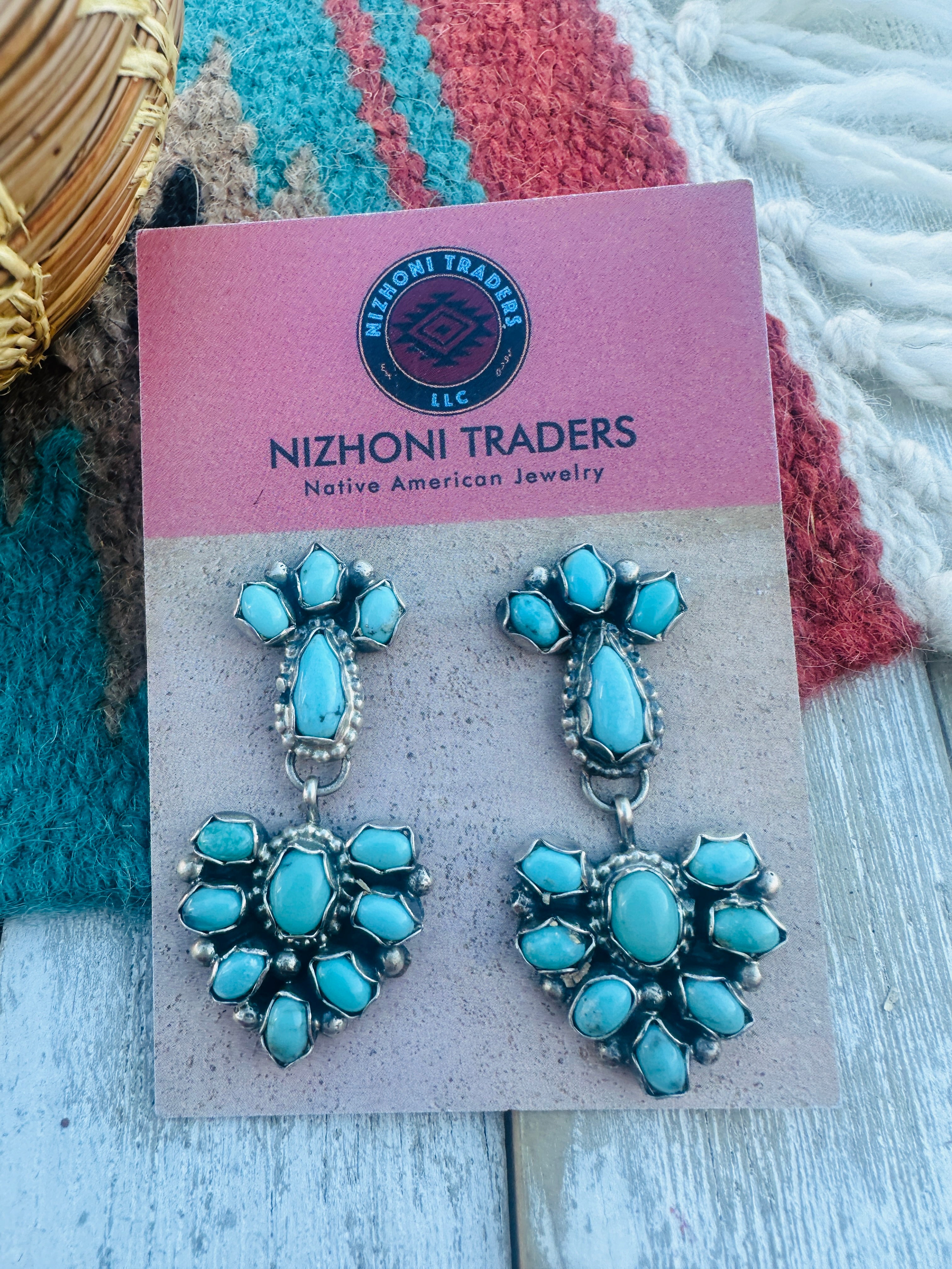 Handcrafted Turquoise And Sterling Silver Cluster Dangle Earrings by Sheila Becenti