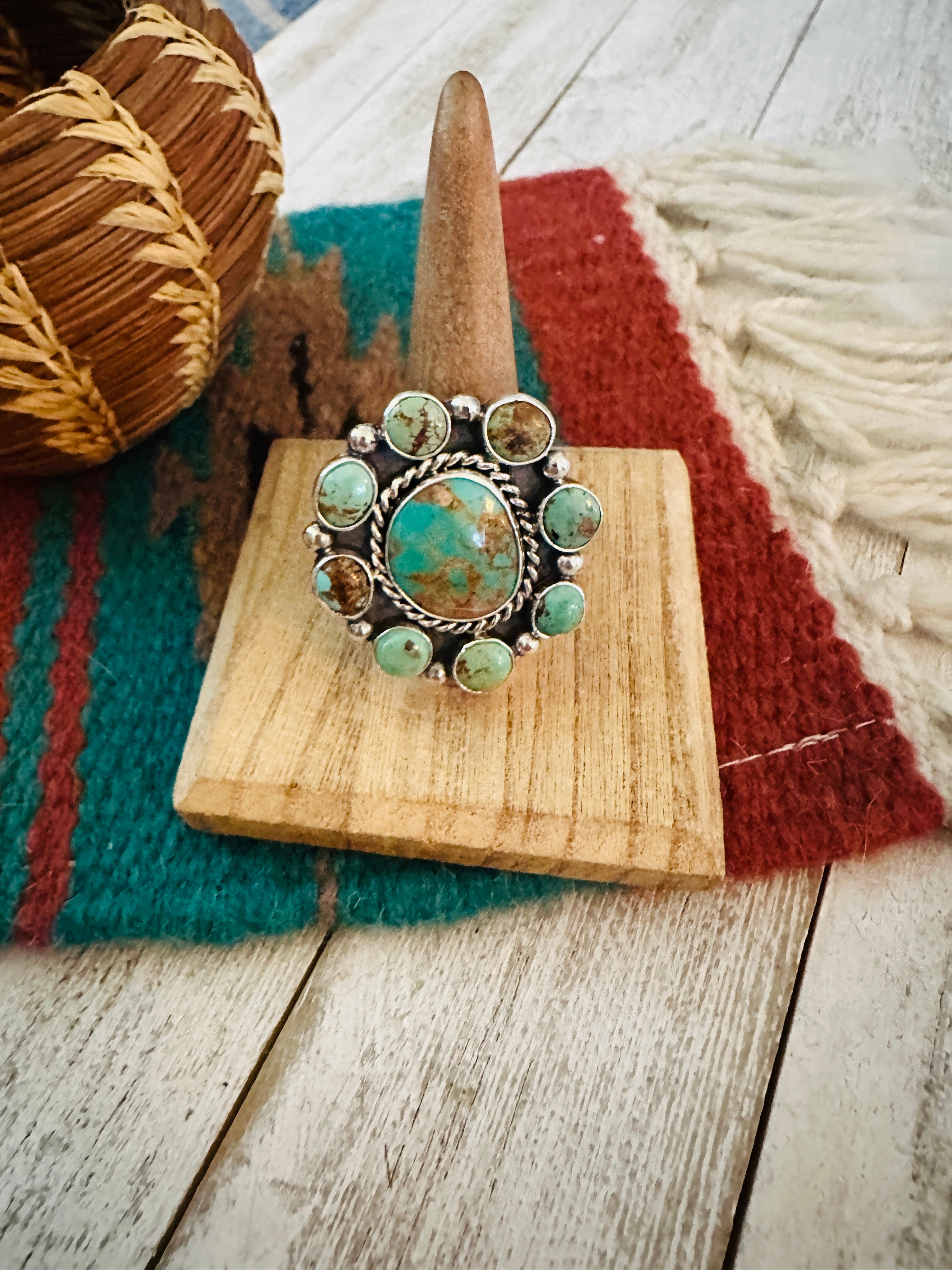 Navajo Sterling Silver & Royston Turquoise Cluster Adjustable Ring