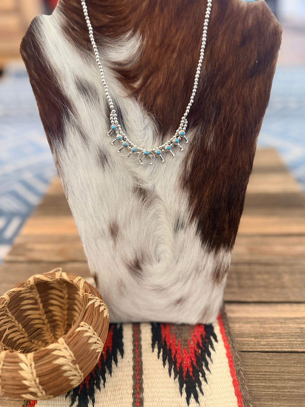 Handcrafted Turquoise & Sterling Silver Beaded Mini Squash Blossom Necklace
