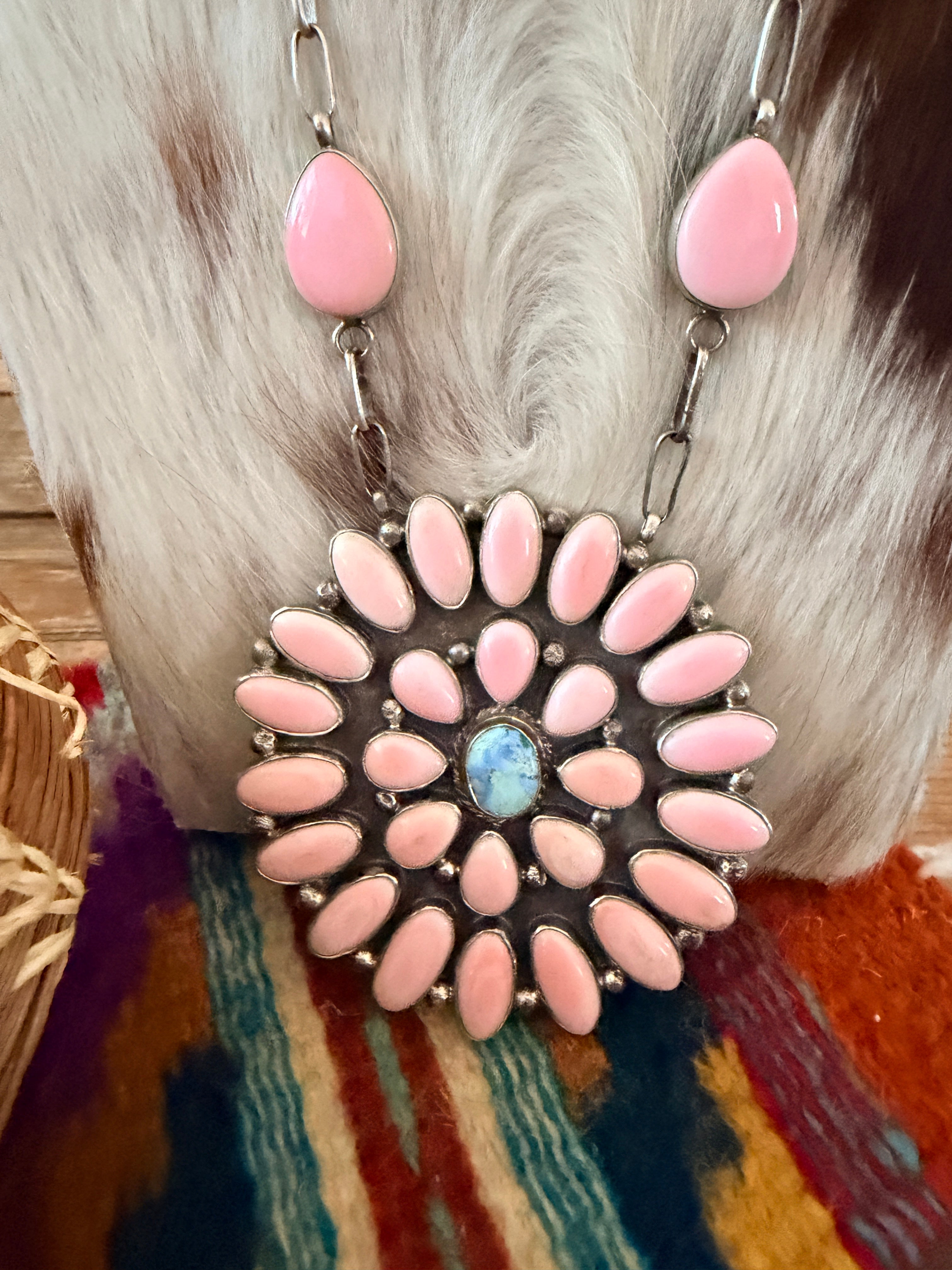 Handcrafted Queen Pink Conch, Turquoise & Sterling Silver Cluster Necklace by Fred Francis