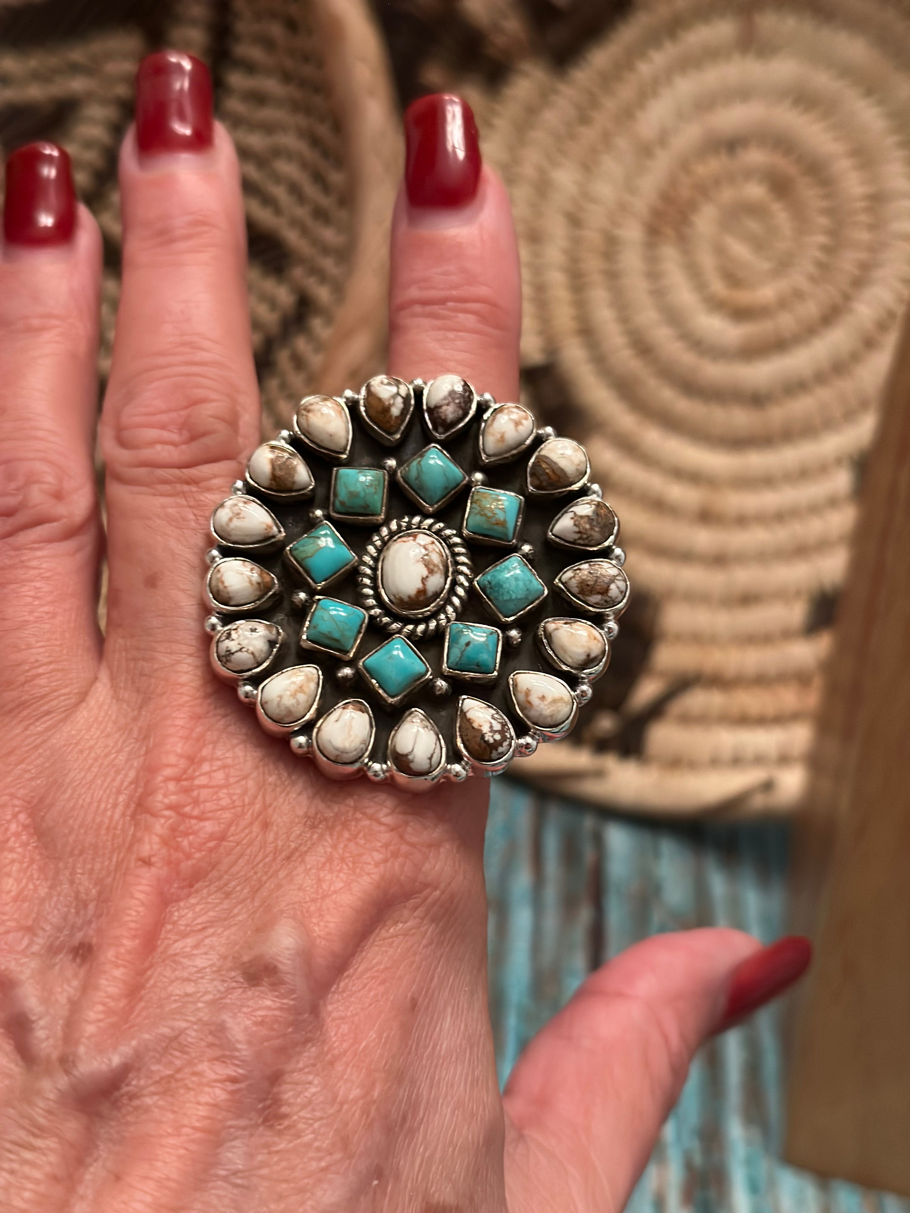 Desert Highway Wild Horse & Turquoise Sterling Silver Adjustable Ring