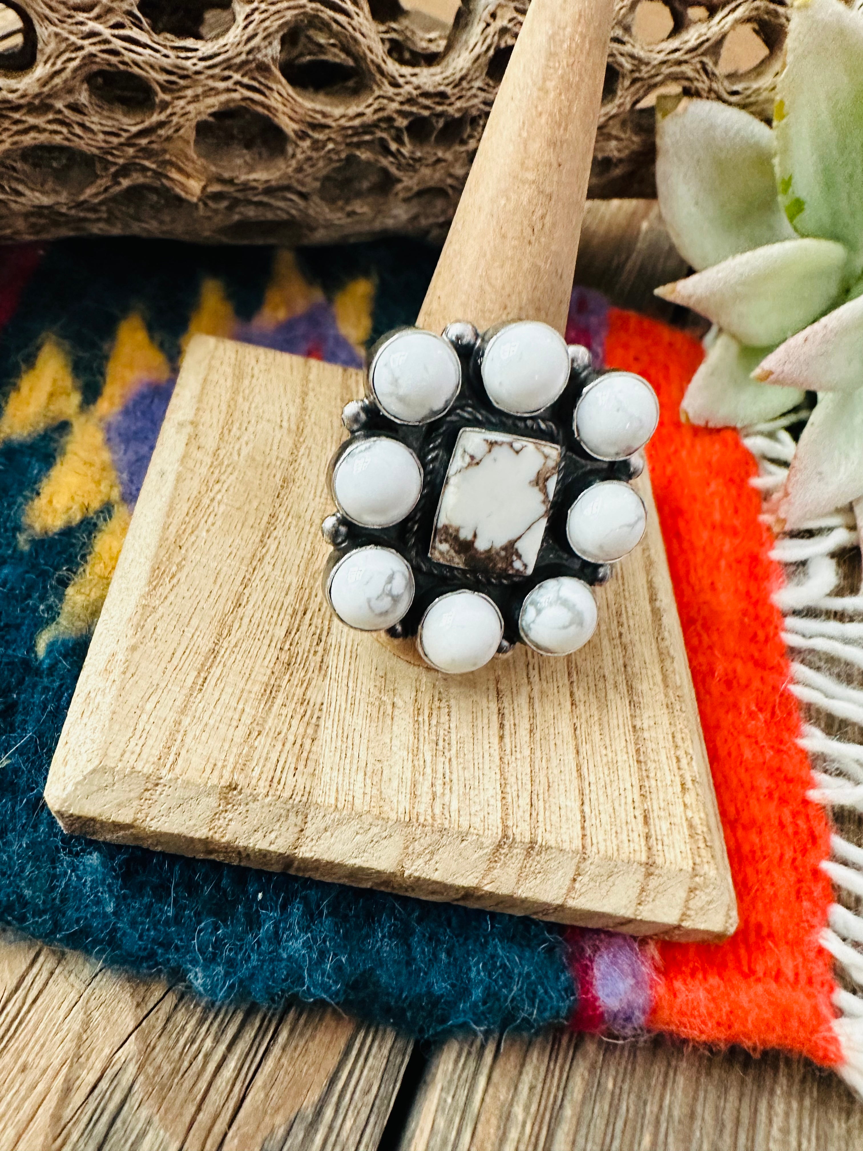 Navajo Sterling Silver & White Buffalo Cluster Ring Size 10