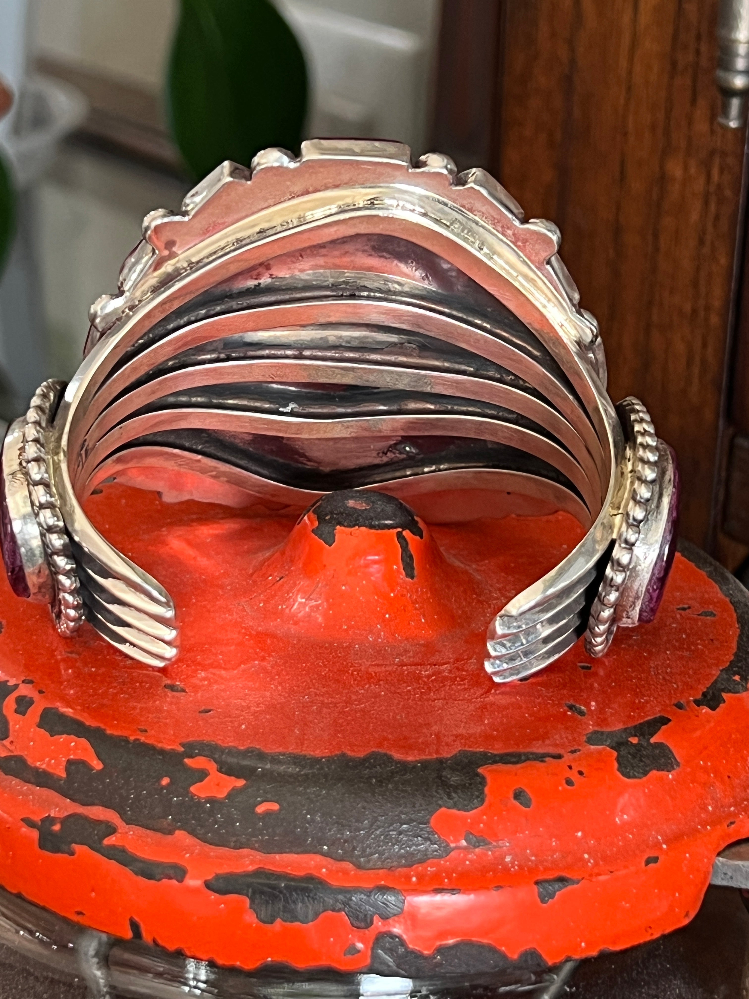 Handcrafted Sterling Silver and Purple Spiny Oyster Shell Cuff Bracelet by Tyler Brown /