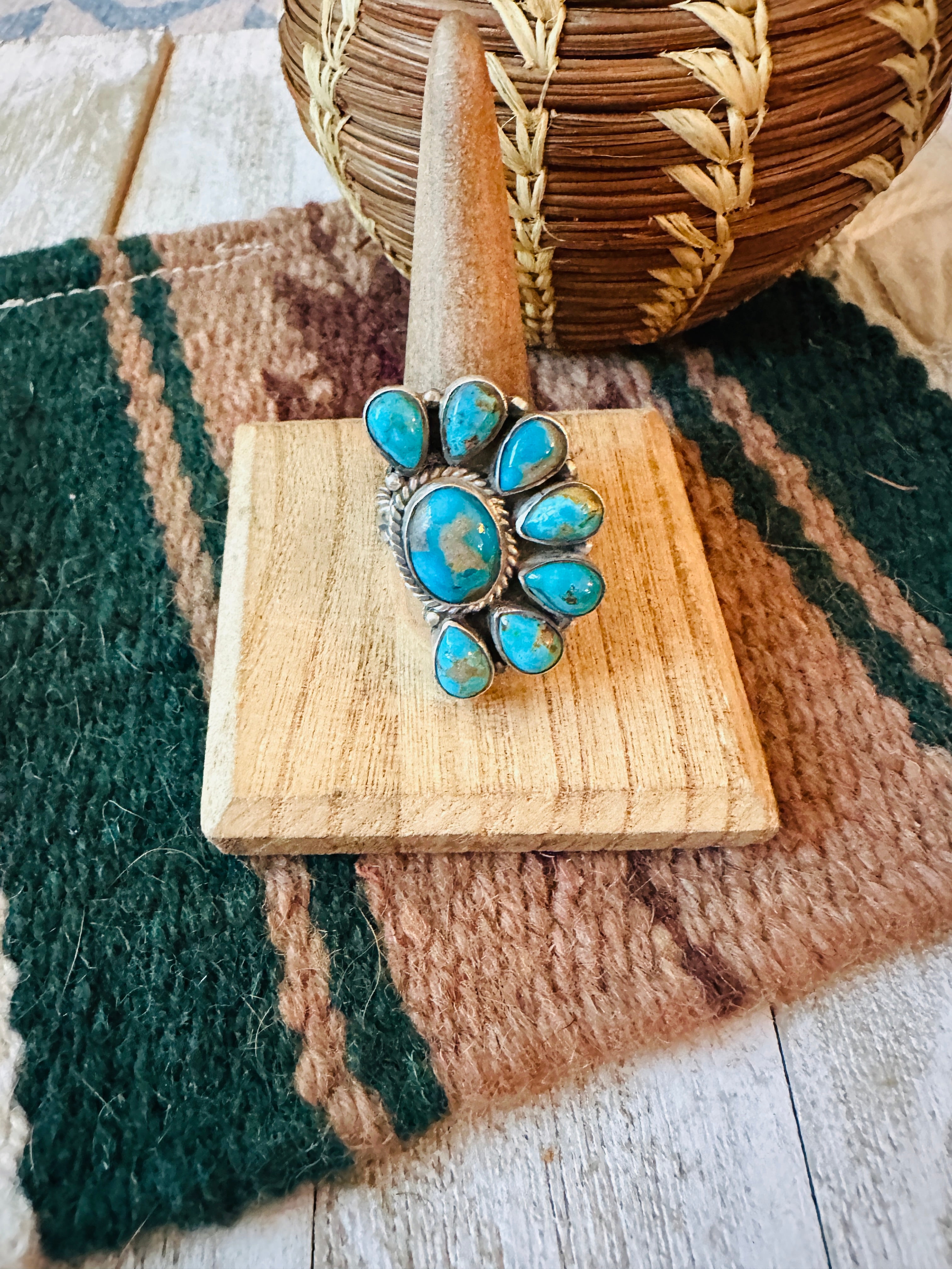 Navajo Turquoise & Sterling Silver Cluster Adjustable Ring