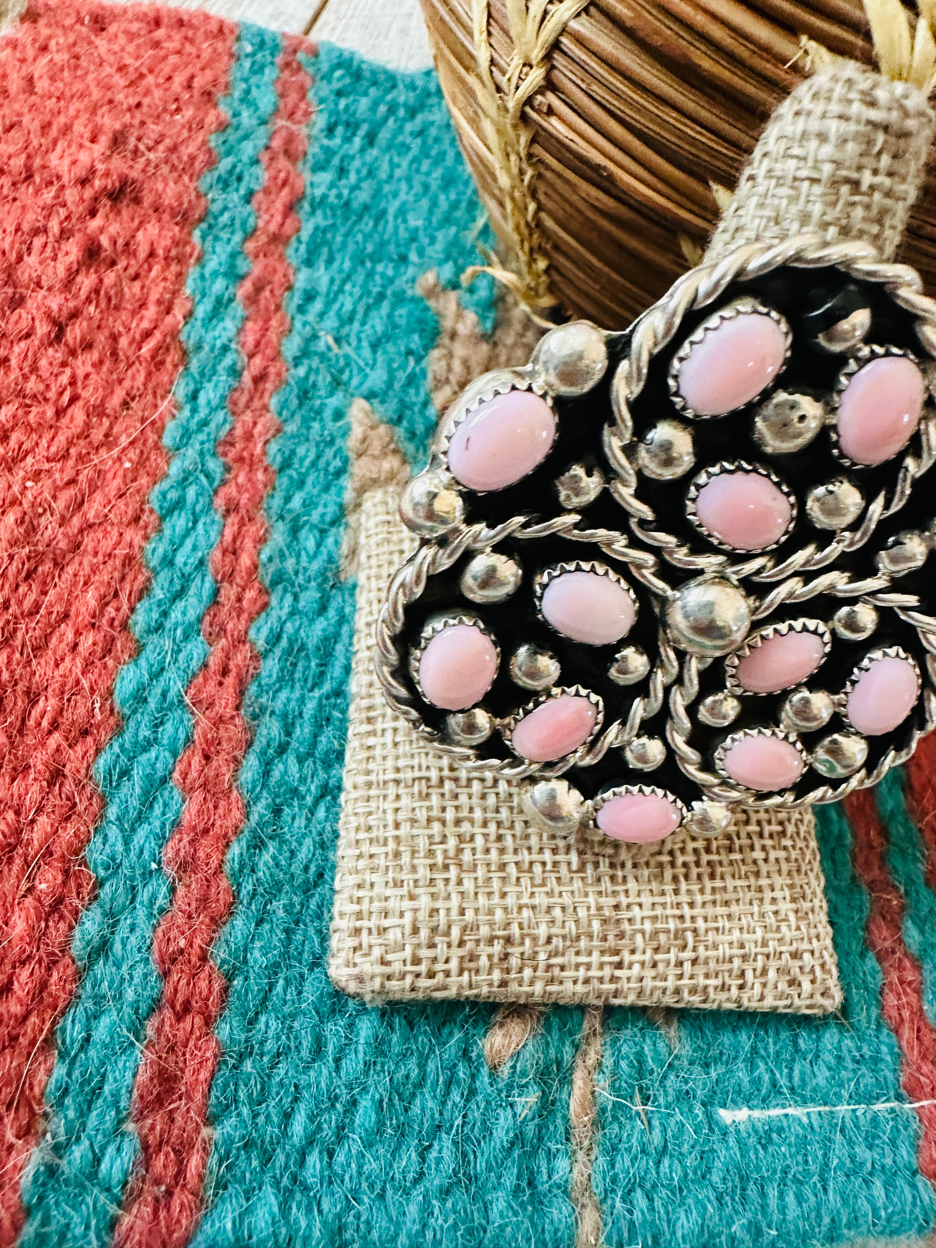 Handcrafted Sterling Silver & Queen Pink Conch Cluster Adjustable Ring