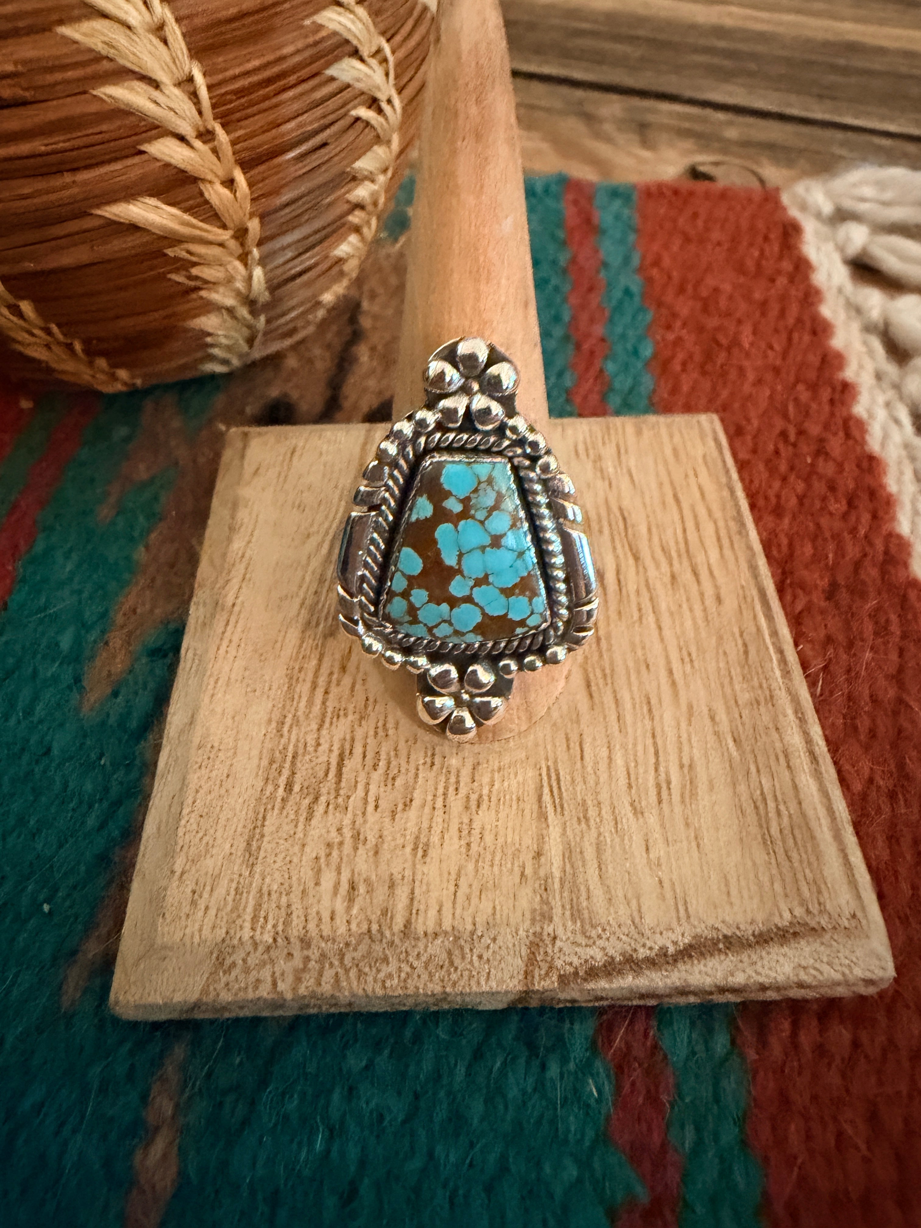 Handmade Sterling Silver Number 8 Turquoise Adjustable Ring Signed Nizhoni