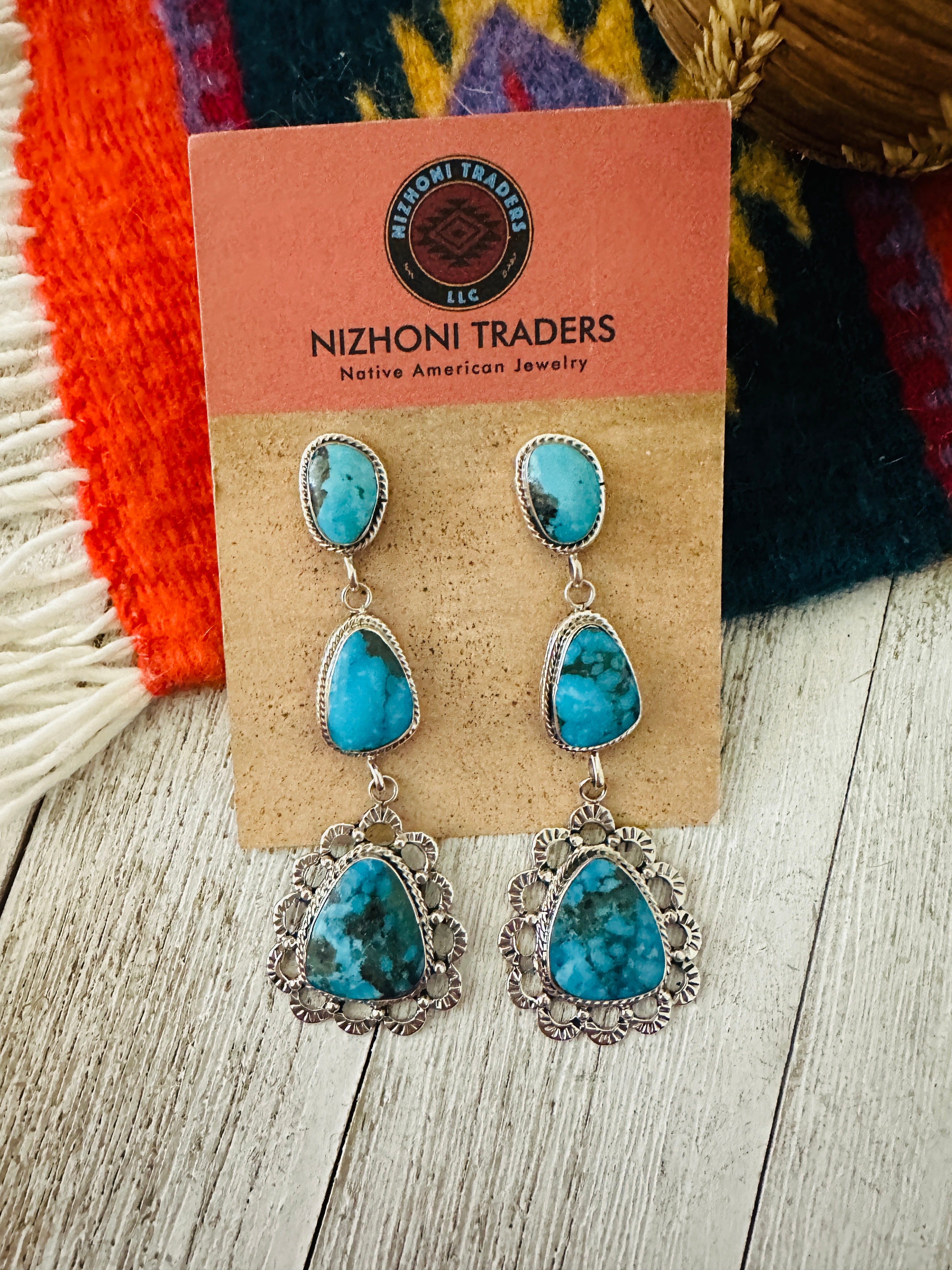 Navajo Kingman Web Turquoise and Sterling Silver Dangle Earrings