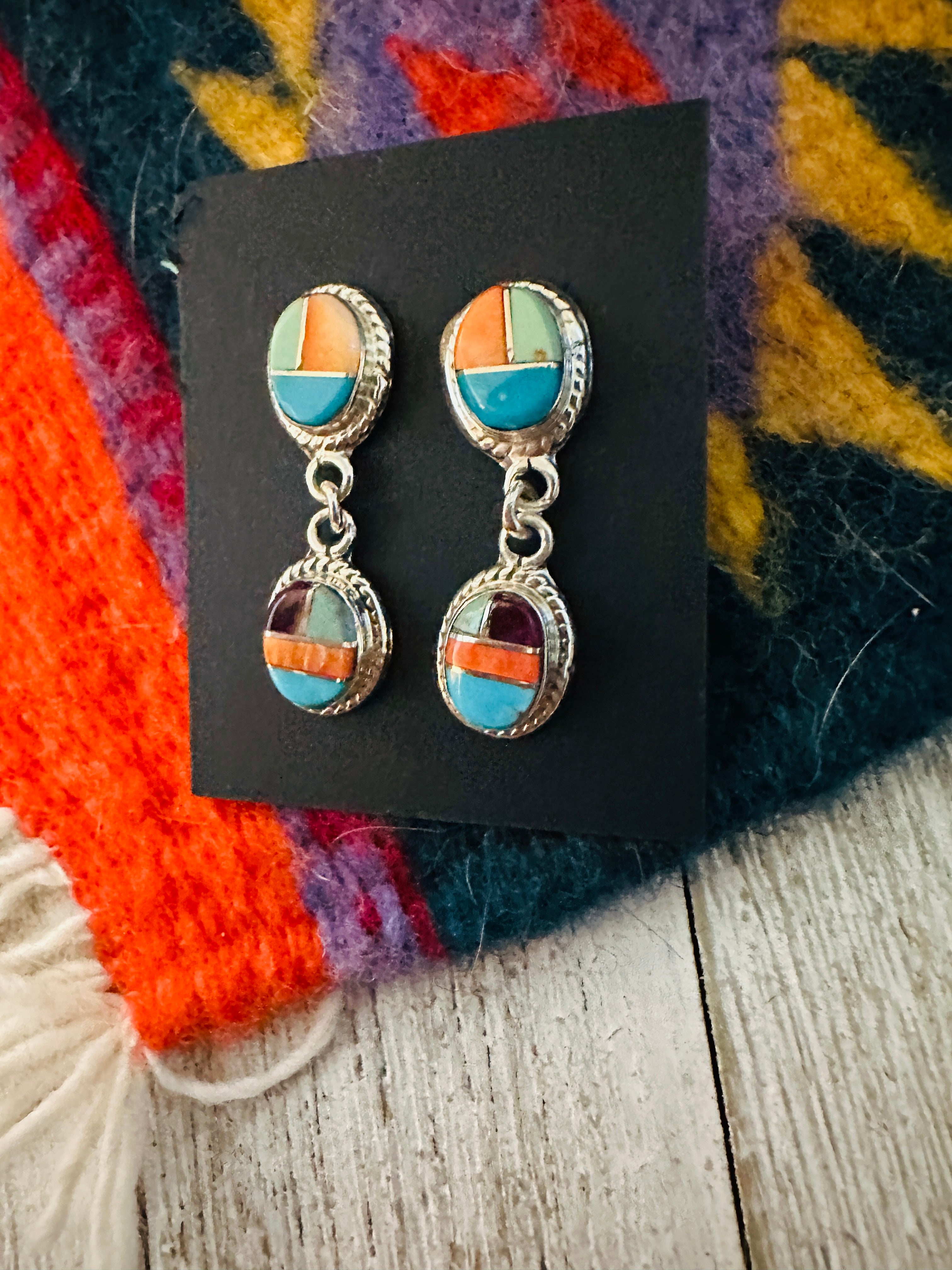 Navajo Sterling Silver & Multi Stone Inlay Dangle Earrings