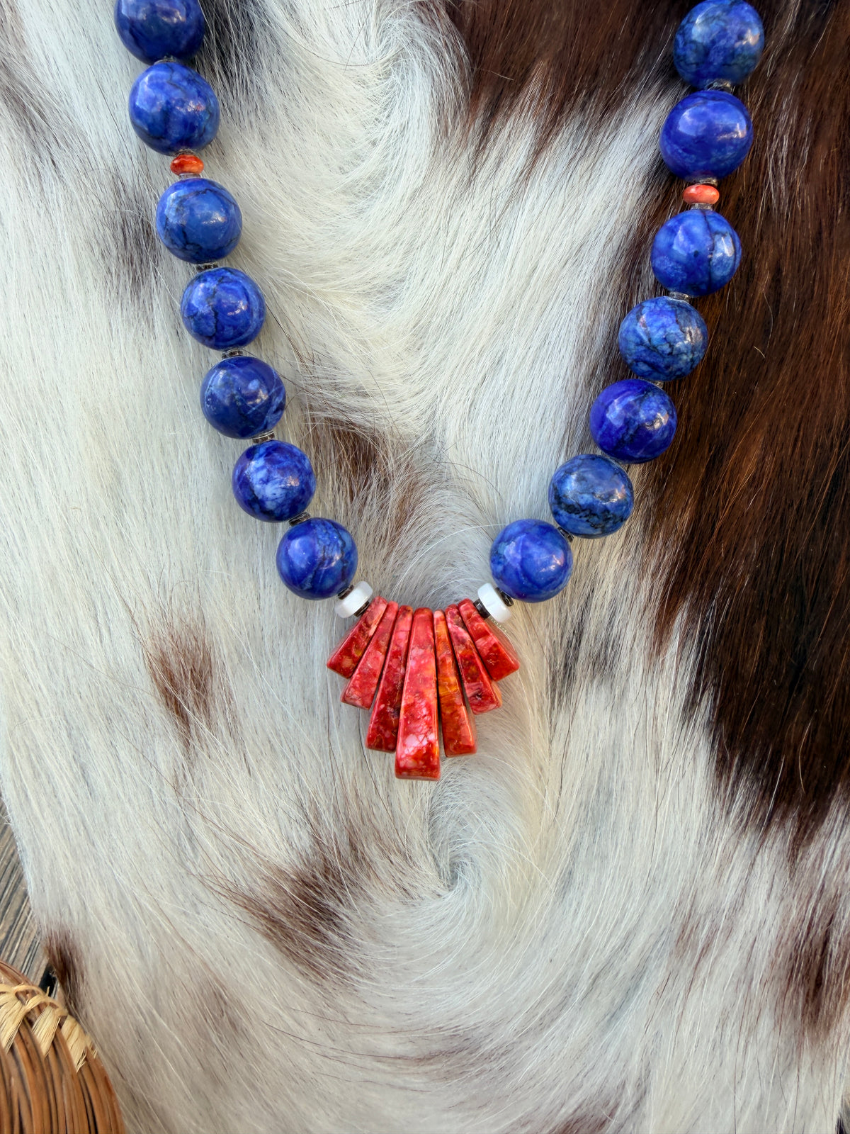 Handcrafted Lapis, Spiny Oyster Shell & Sterling Silver 18” Beaded Necklace