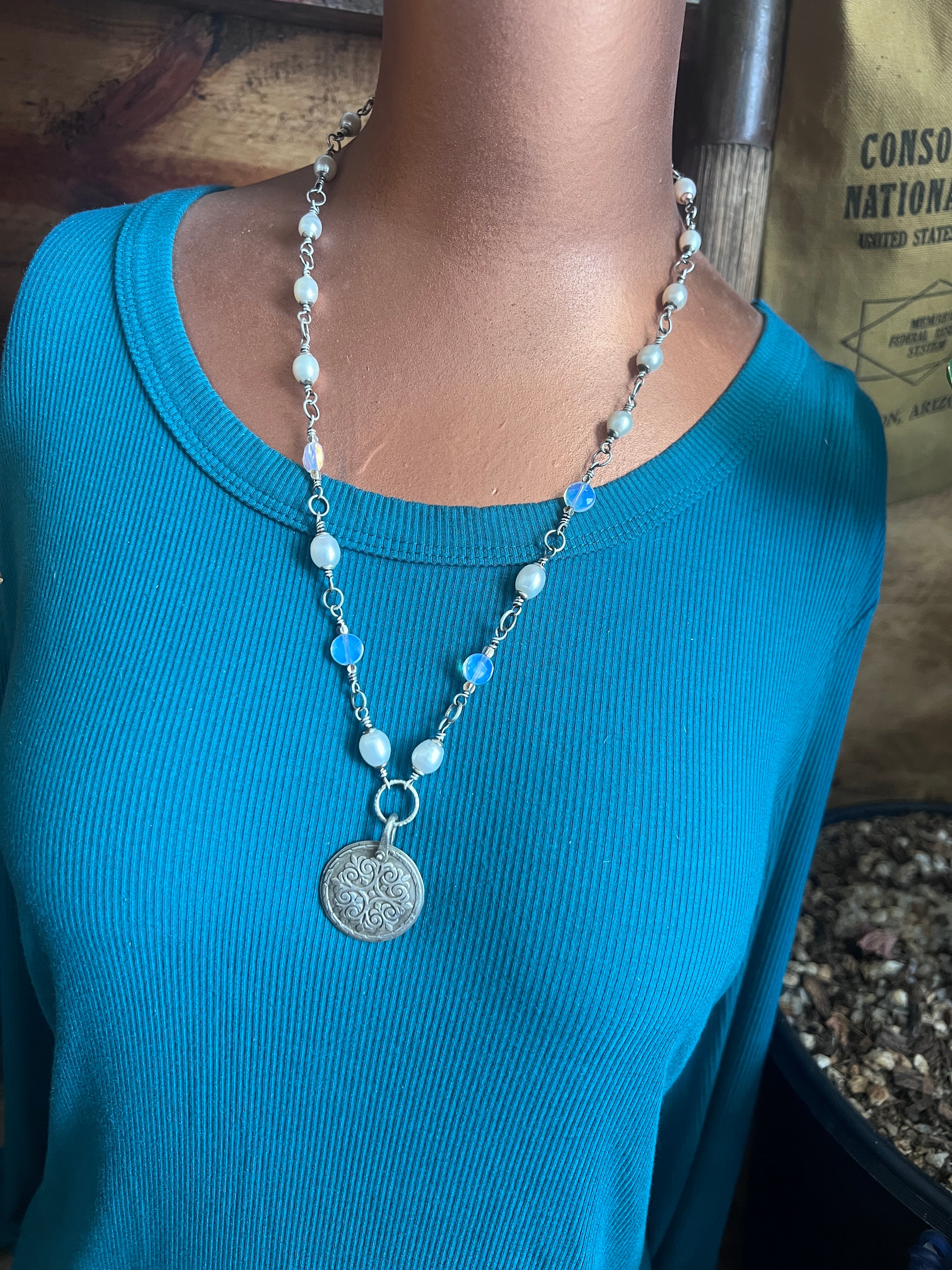 Tularosa Rosary Style Sterling Silver and Freshwater Pearl Siren’s Song Relic Coin Beaded Necklace