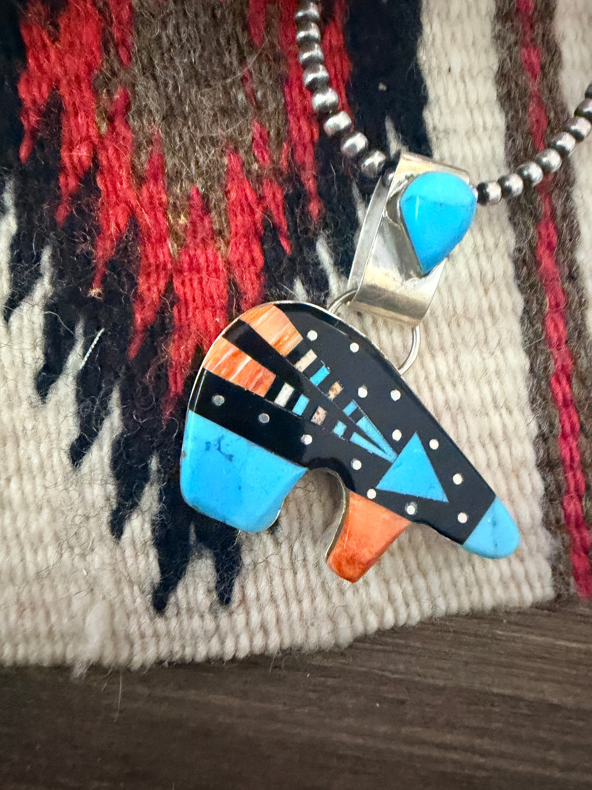 Handcrafted Sterling Silver and Multi Stone Inlay Bear Pendant by Ray Jack